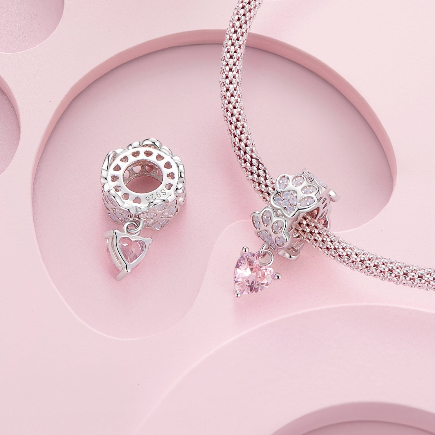 Silver Pendant Paw Print Pink Heart CZ Dangle Charm For Sale - sursenso Pendant