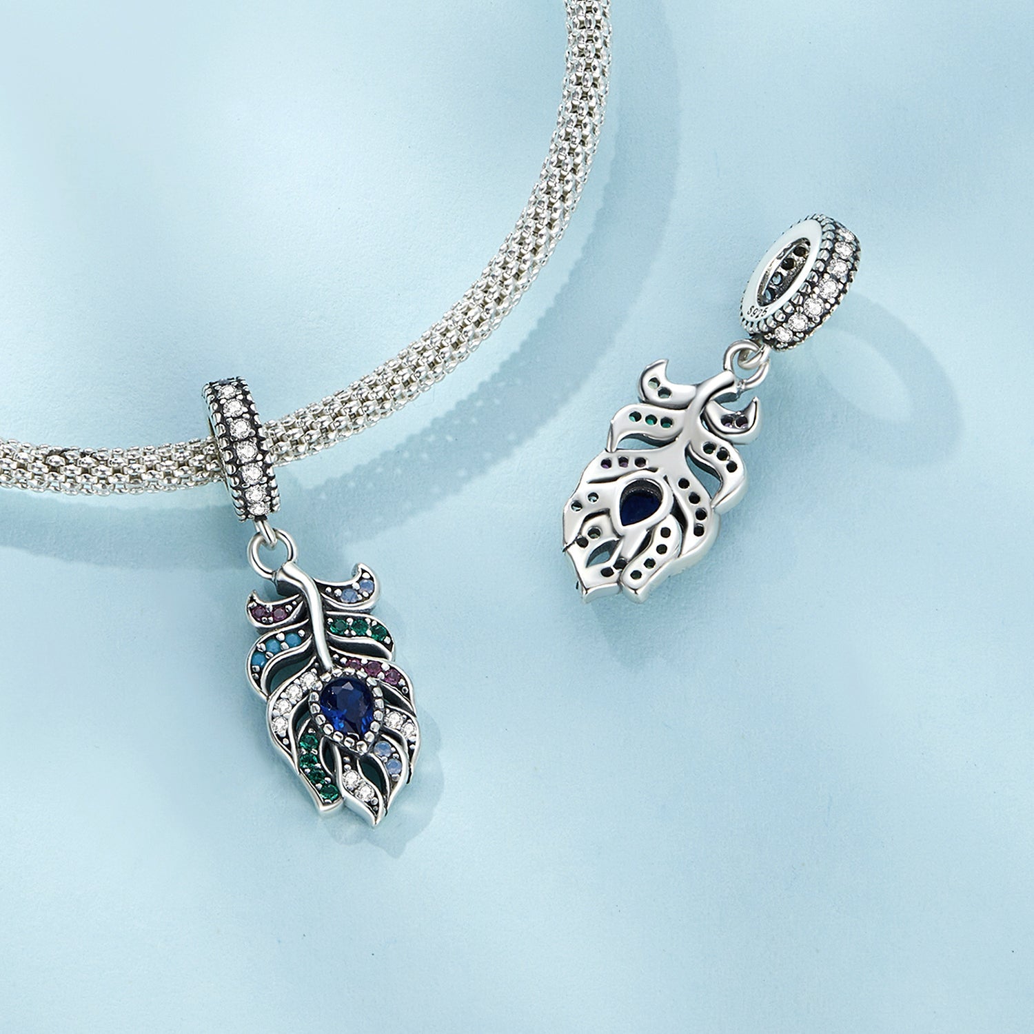 Silver Pendant Peacock Feather CZ Dangle Charm For Sale - sursenso Pendant