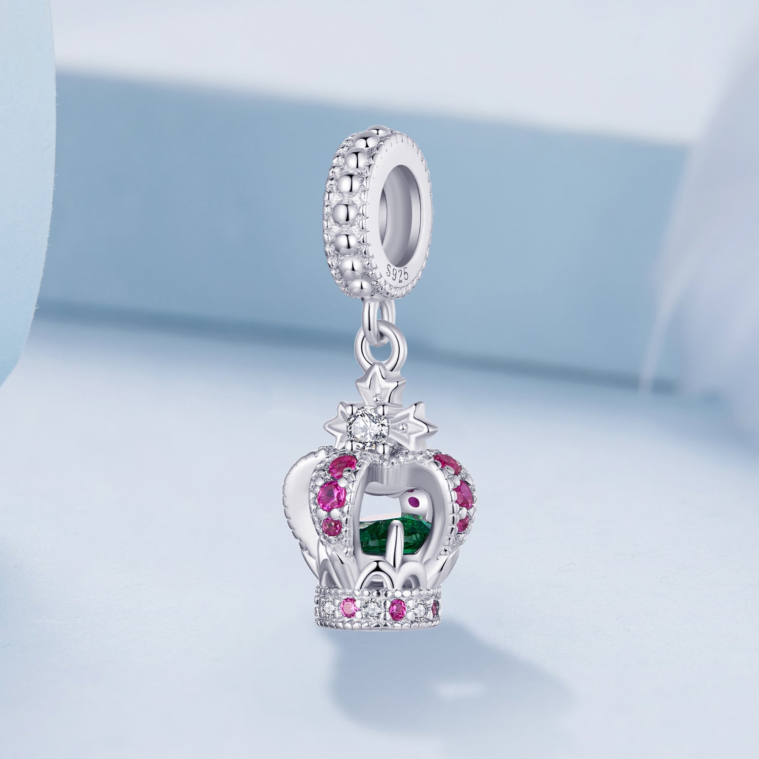 Silver Pendant Pink Green Crown CZ Dangle Charm For Sale - sursenso Pendant