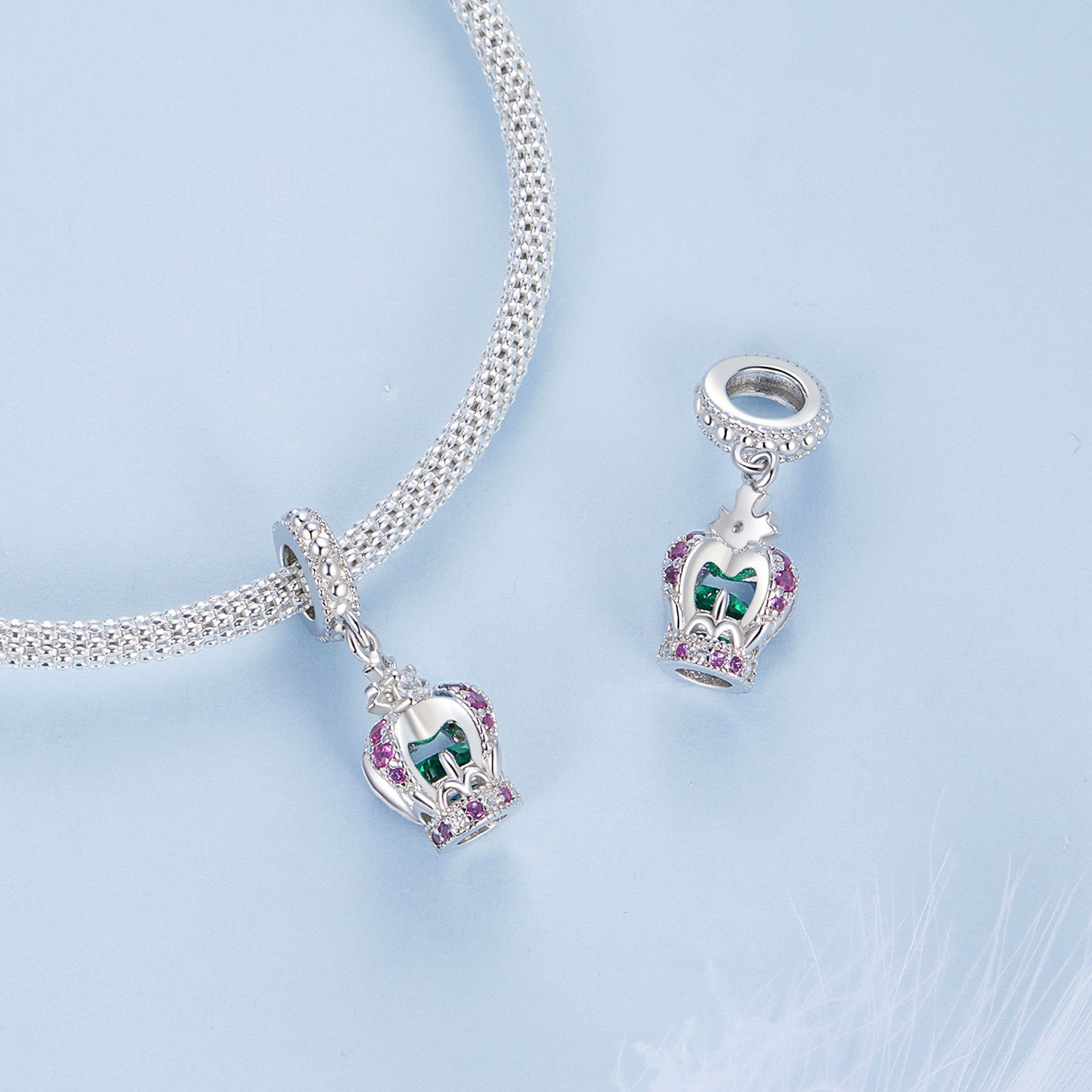Silver Pendant Pink Green Crown CZ Dangle Charm For Sale - sursenso Pendant