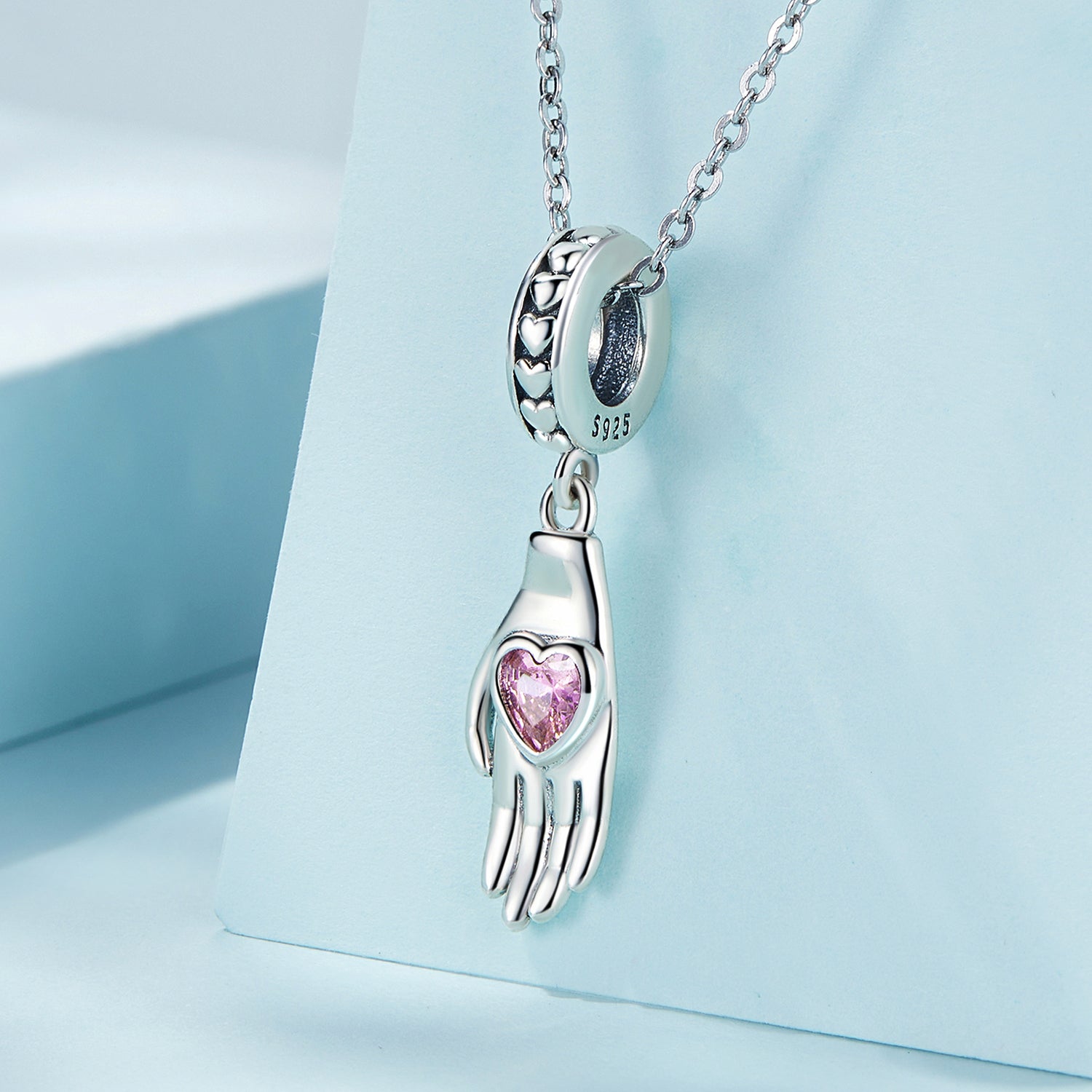 Silver Pendant Pink Heart Inlaid Palm CZ Dangle Charm For Sale - sursenso Pendant