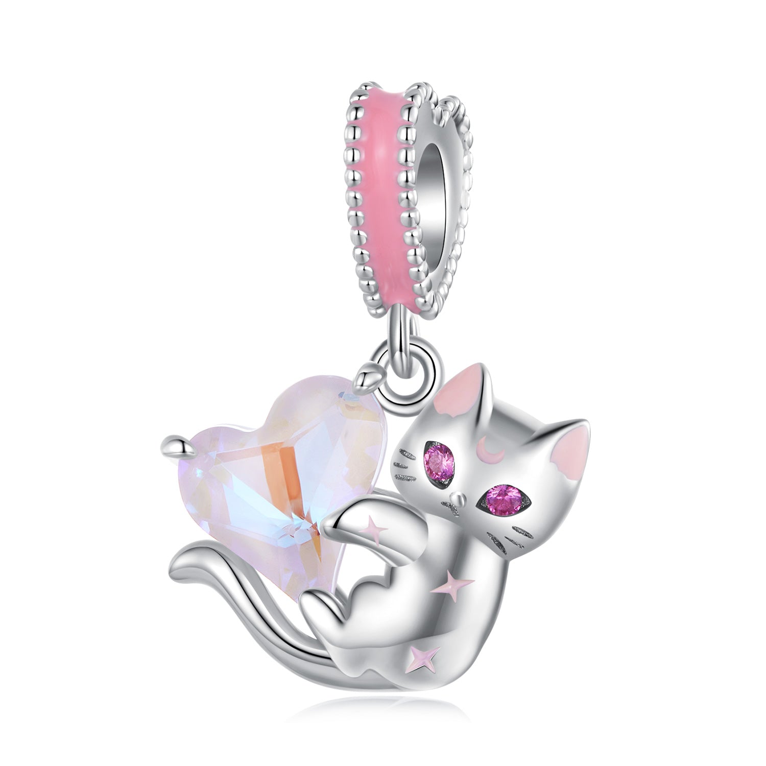 Silver Pendant Pink Kitten Love CZ Dangle Charm For Sale - sursenso Pendant