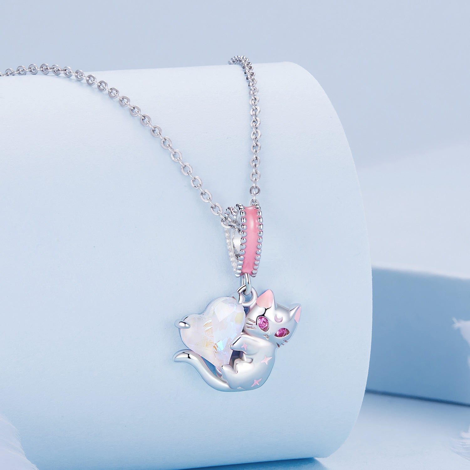 Silver Pendant Pink Kitten Love CZ Dangle Charm For Sale - sursenso Pendant