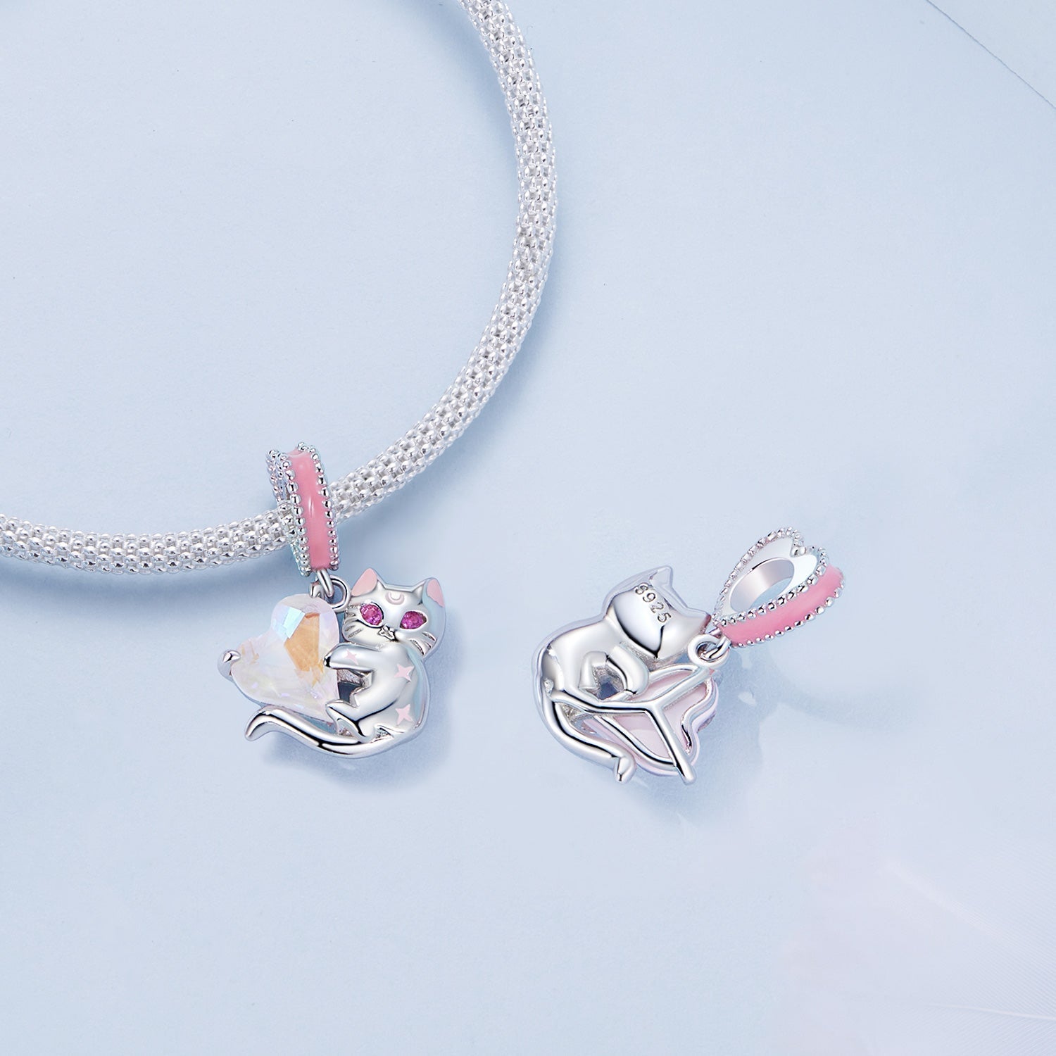 Silver Pendant Pink Kitten Love CZ Dangle Charm For Sale - sursenso Pendant