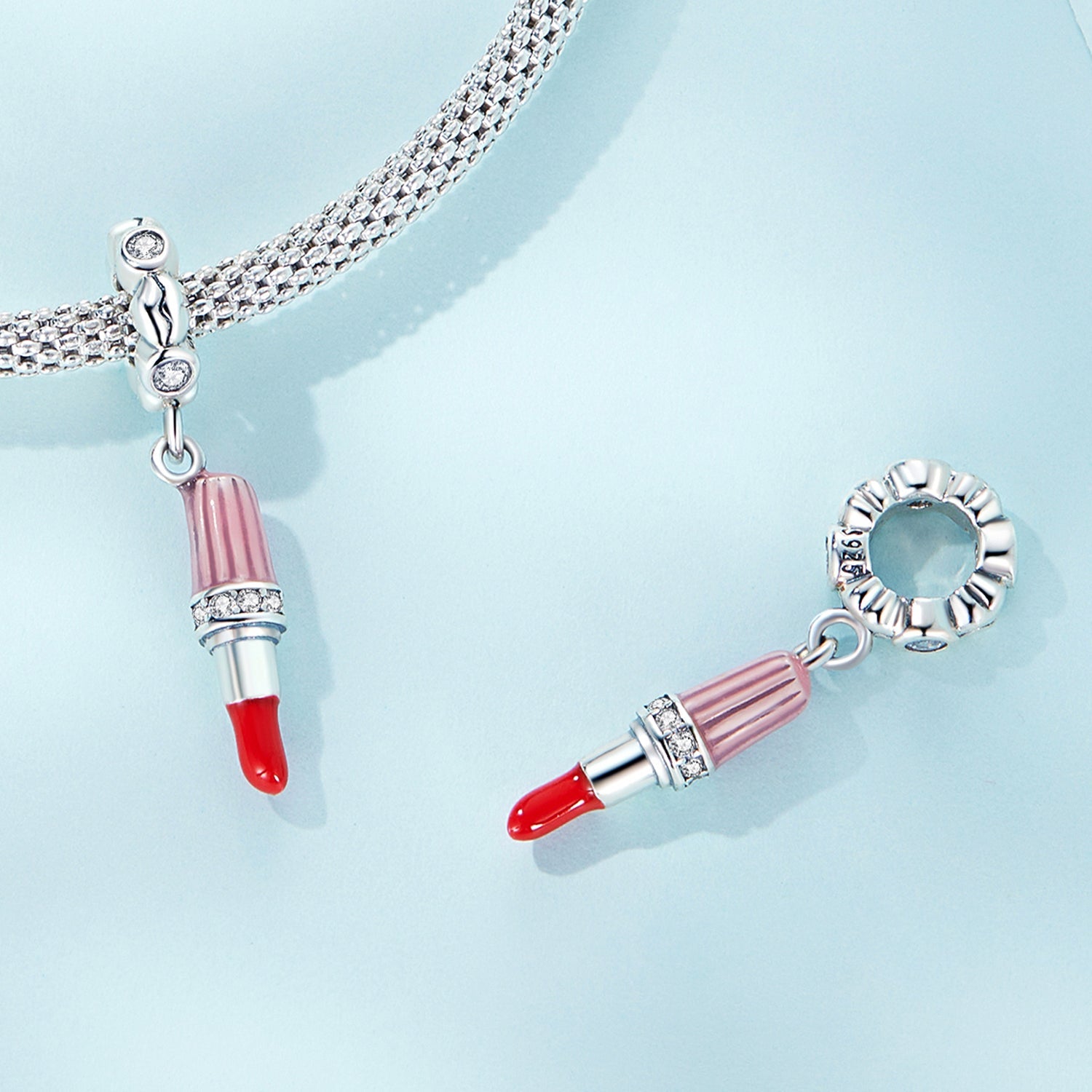 Silver Pendant Pink Lipstick CZ Dangle Charm For Sale - sursenso Pendant