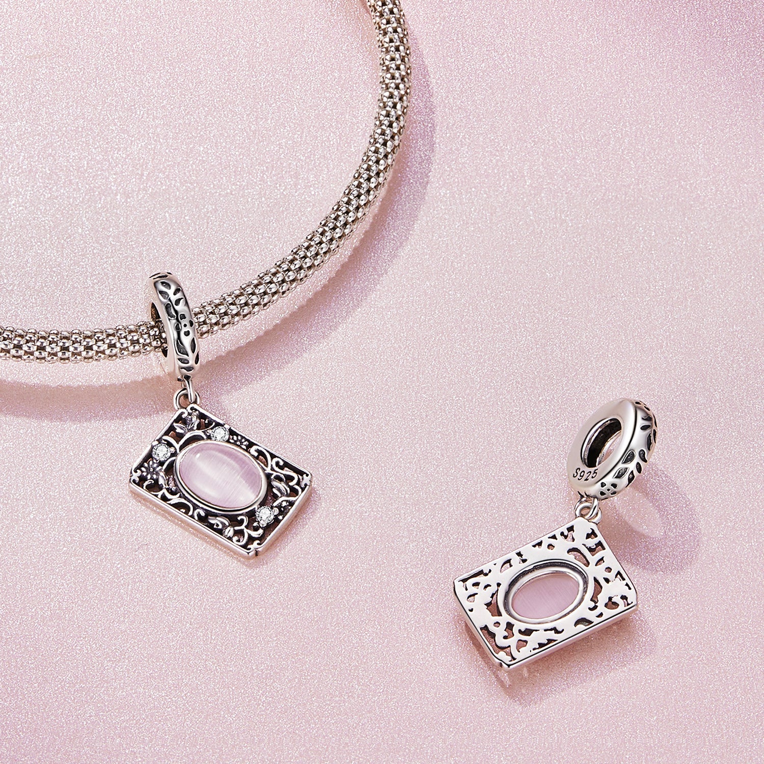 Silver Pendant Pink Pattern Poker CZ Dangle Charm For Sale - sursenso Pendant