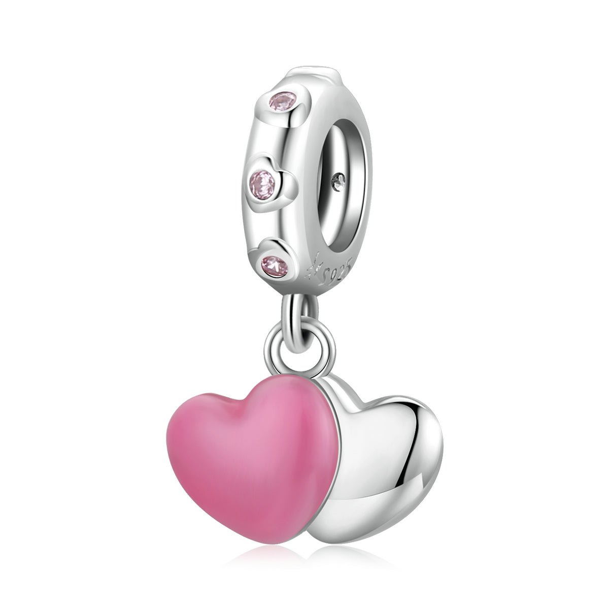 Silver Pendant Pink & Silver Double Love CZ Dangle Charm For Sale - sursenso Pendant