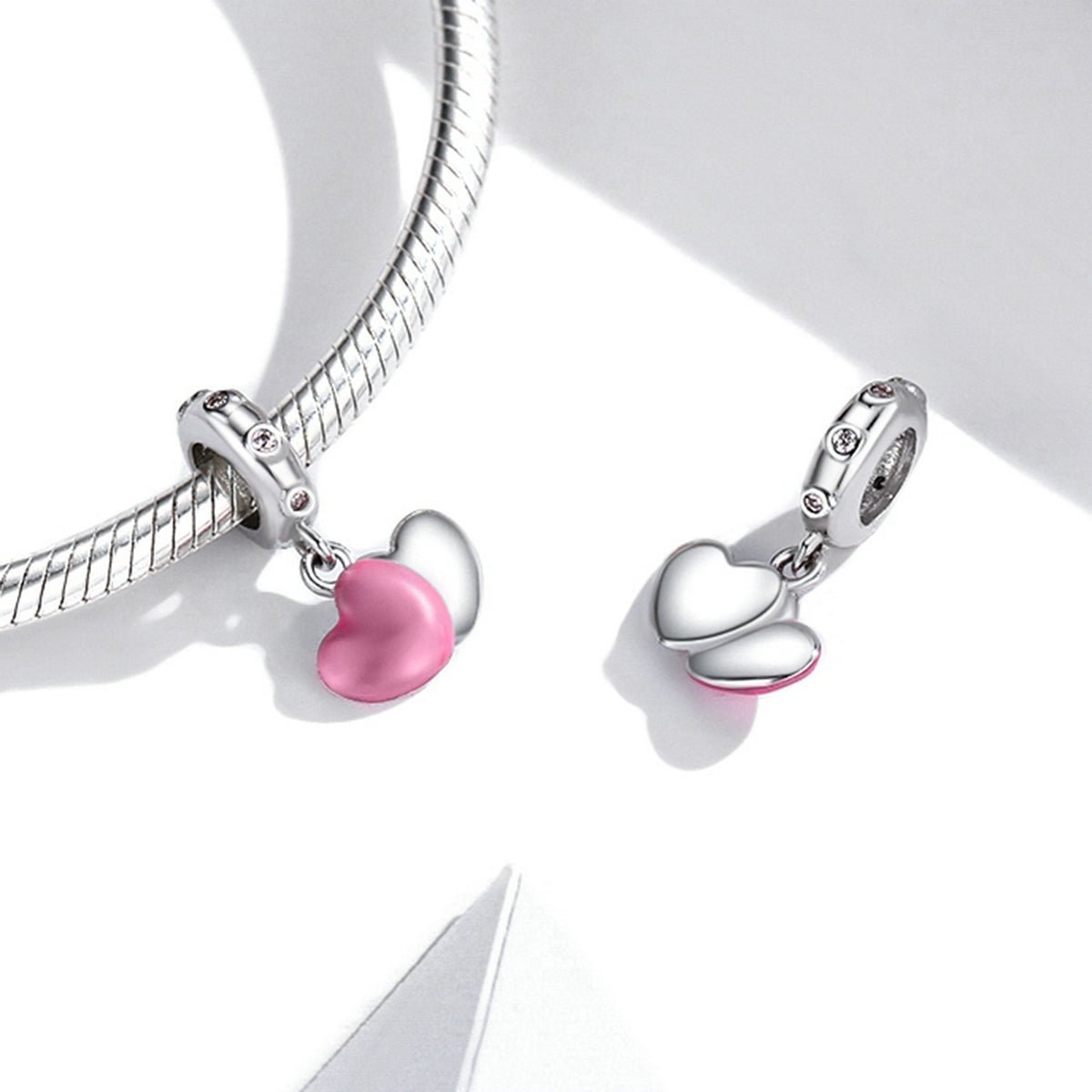 Silver Pendant Pink & Silver Double Love CZ Dangle Charm For Sale - sursenso Pendant