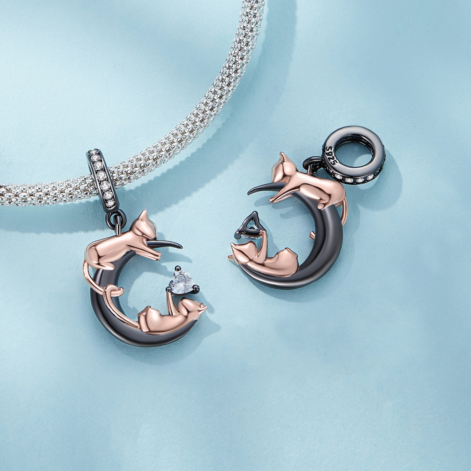 Silver Pendant Playful Cat Black Moon CZ Dangle Charm For Sale - sursenso Pendant