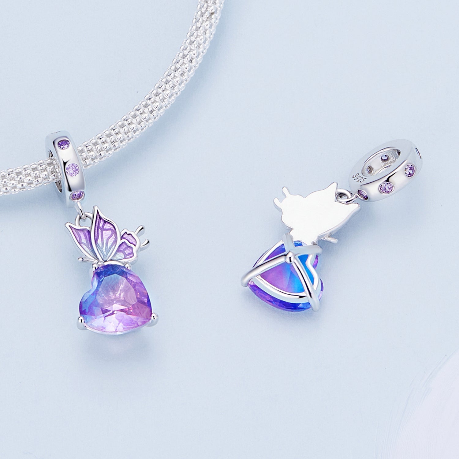 Silver Pendant Purple Butterfly Holds The Heart CZ Dangle Charm For Sale - sursenso Pendant