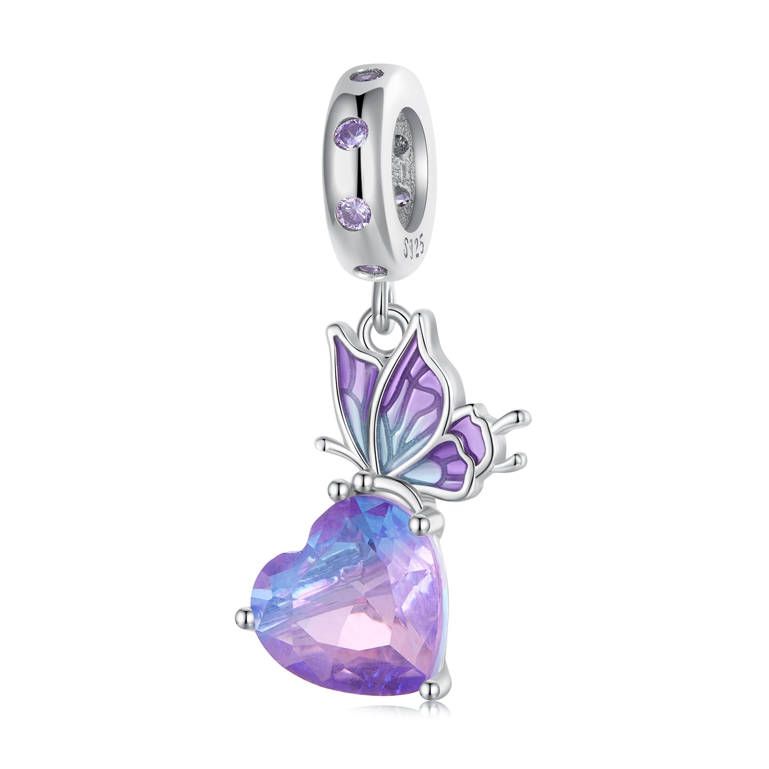 Silver Pendant Purple Butterfly Holds The Heart CZ Dangle Charm For Sale - sursenso Pendant