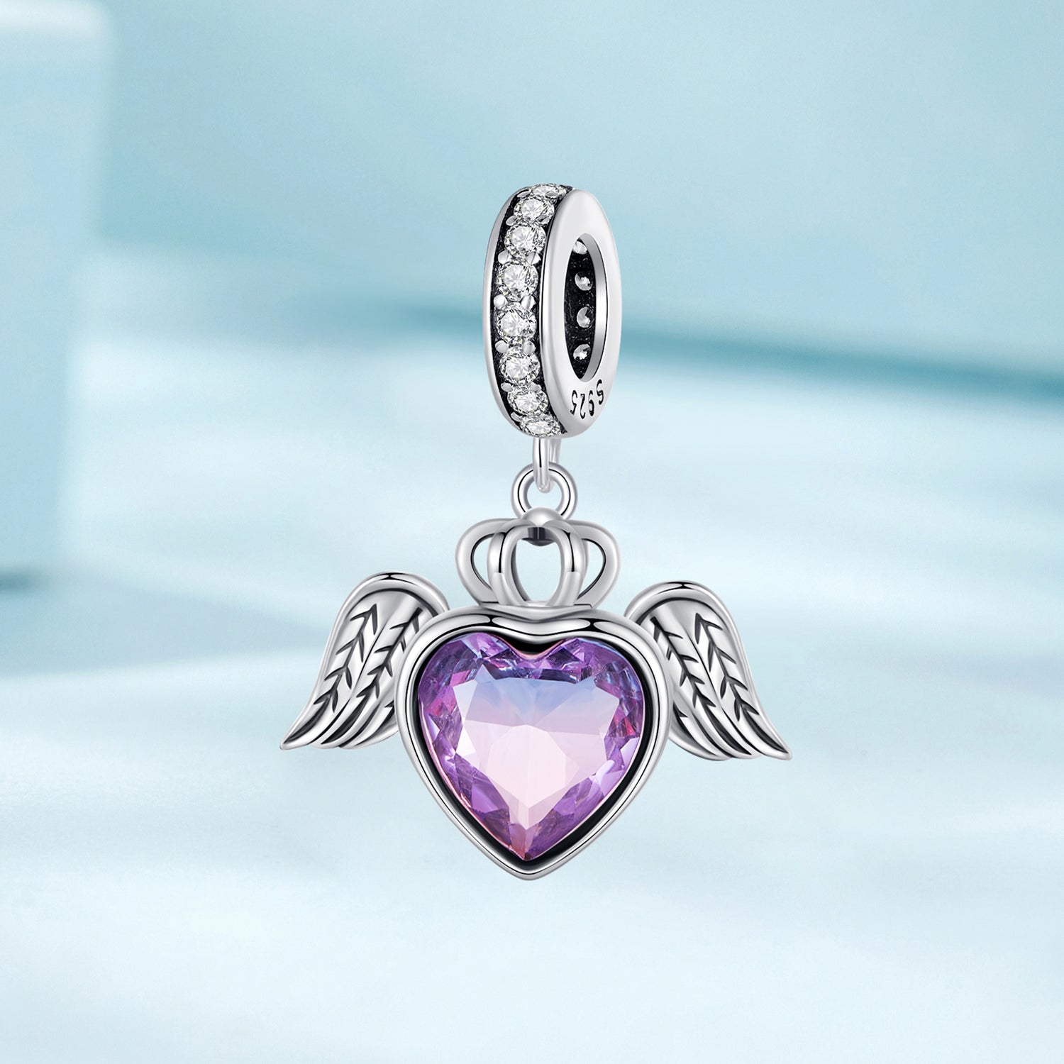 Silver Pendant Purple Heart Shaped Wings CZ Dangle Charm For Sale - sursenso Pendant