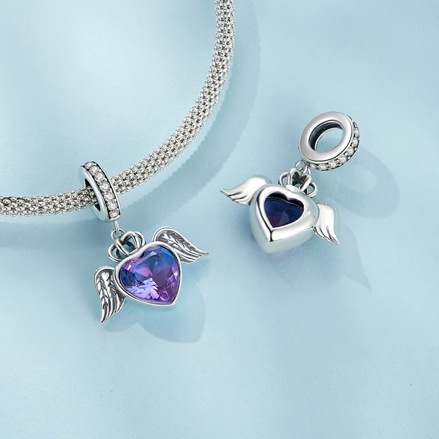Silver Pendant Purple Heart Shaped Wings CZ Dangle Charm For Sale - sursenso Pendant