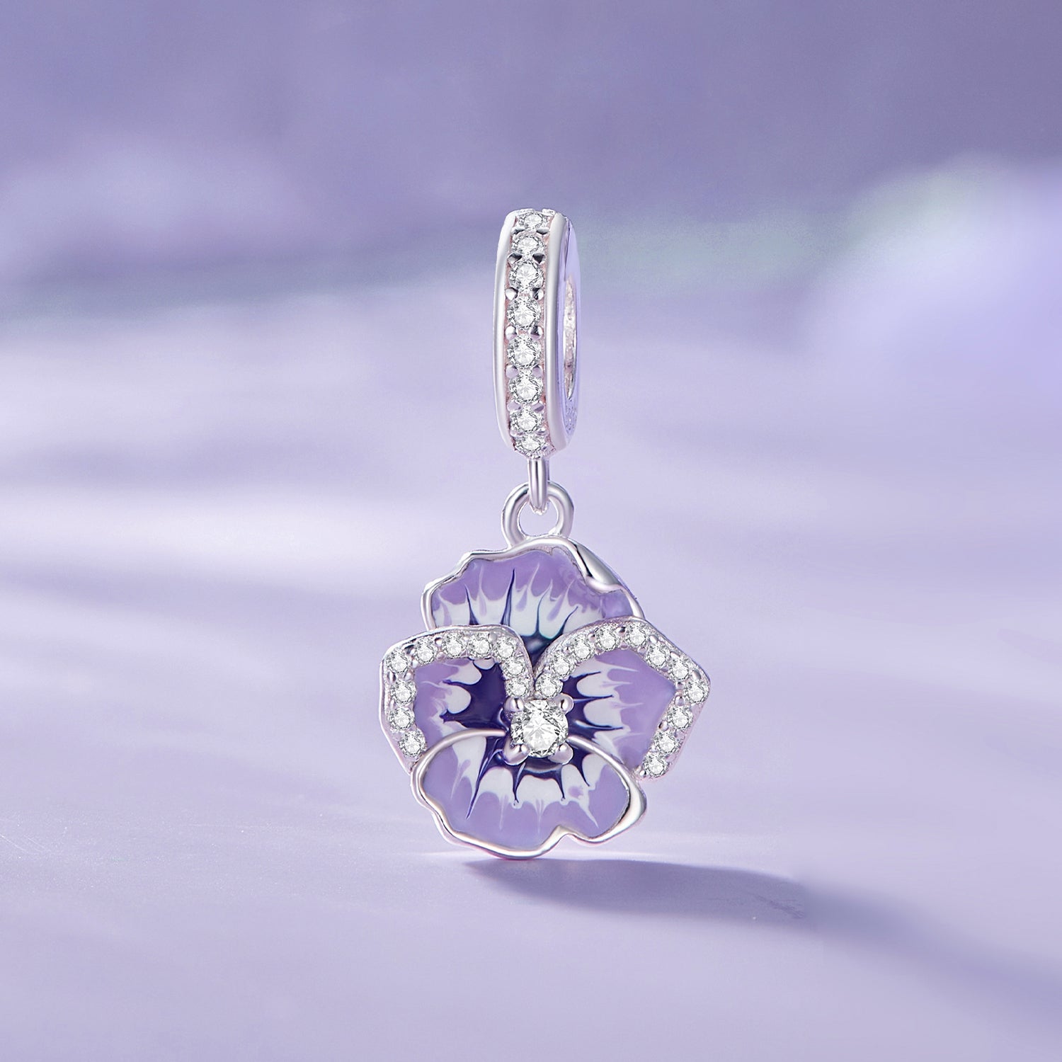 Silver Pendant Purple Pansy CZ Dangle Charm For Sale - sursenso Pendant