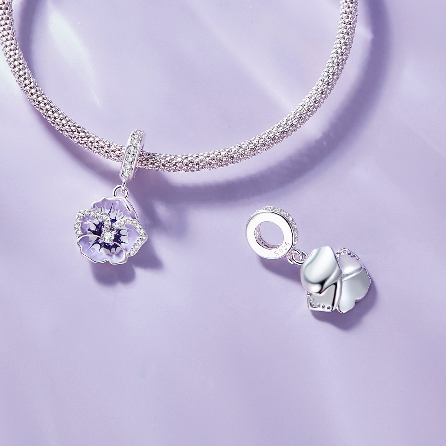 Silver Pendant Purple Pansy CZ Dangle Charm For Sale - sursenso Pendant
