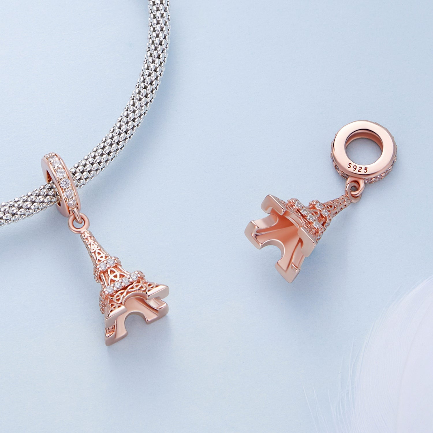 Silver Pendant Rose Gold Eiffel Tower CZ Dangle Charm For Sale - sursenso Pendant