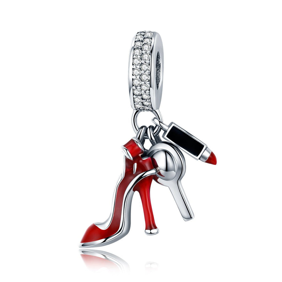 Silver Pendant Sexy Red High Heels Makeup Mirror CZ Dangle Charm For Sale - sursenso
