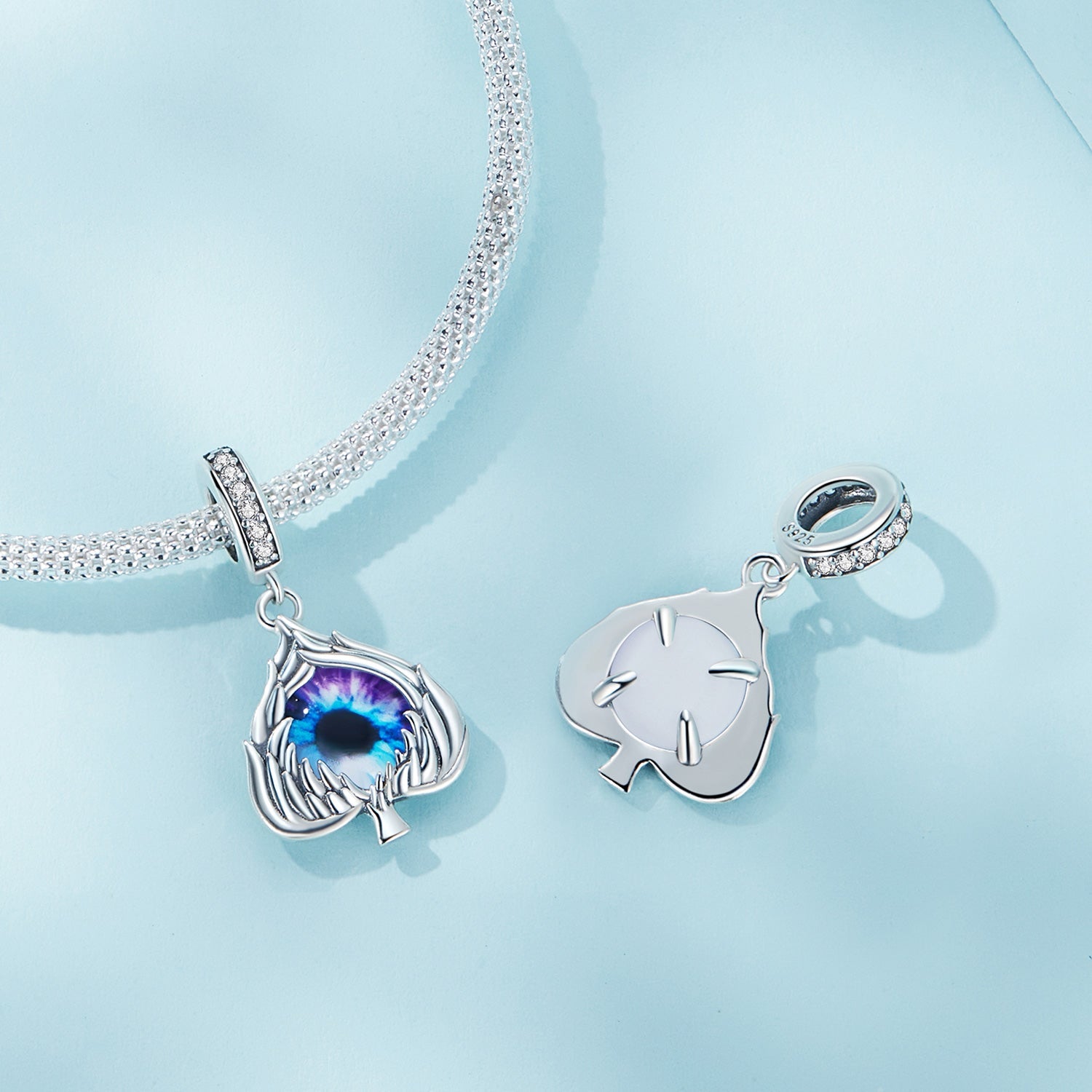 Silver Pendant Spades Blue Eyeballs CZ Dangle Charm For Sale - sursenso Pendant