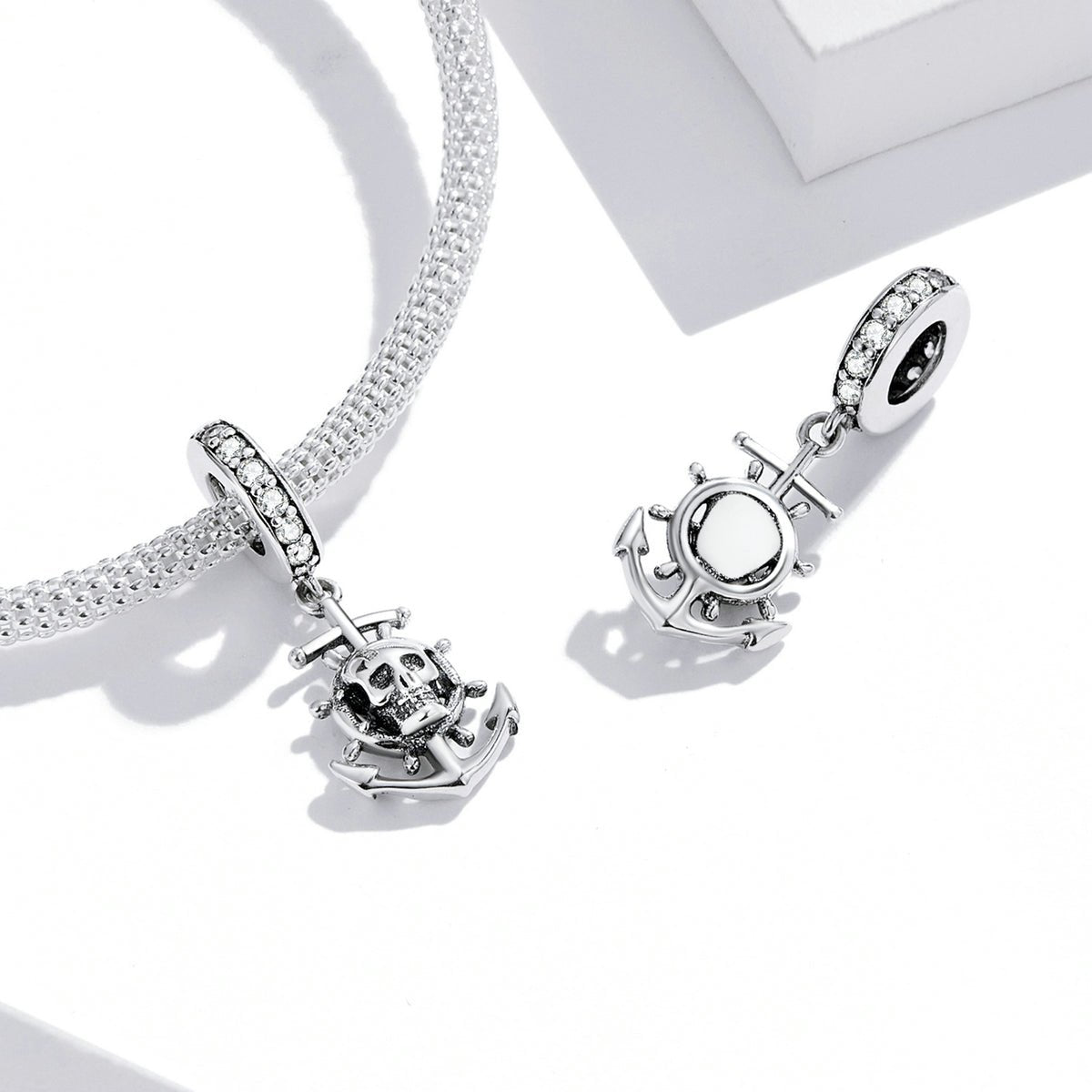 Silver Pendant Travel Round the World Skull Pirate Ship CZ Dangle Charm For Sale - sursenso Pendant