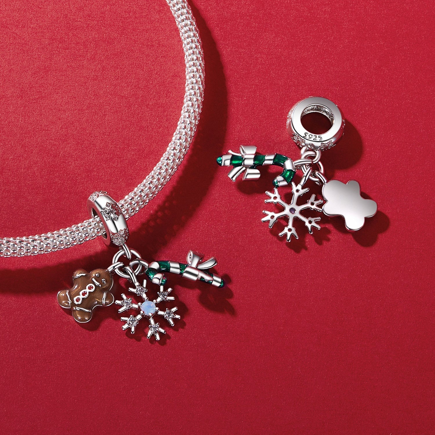 Silver Pendants Christmas Candy Snowflake Gingerbread Man CZ Dangle Charm For Sale - sursenso Pendants