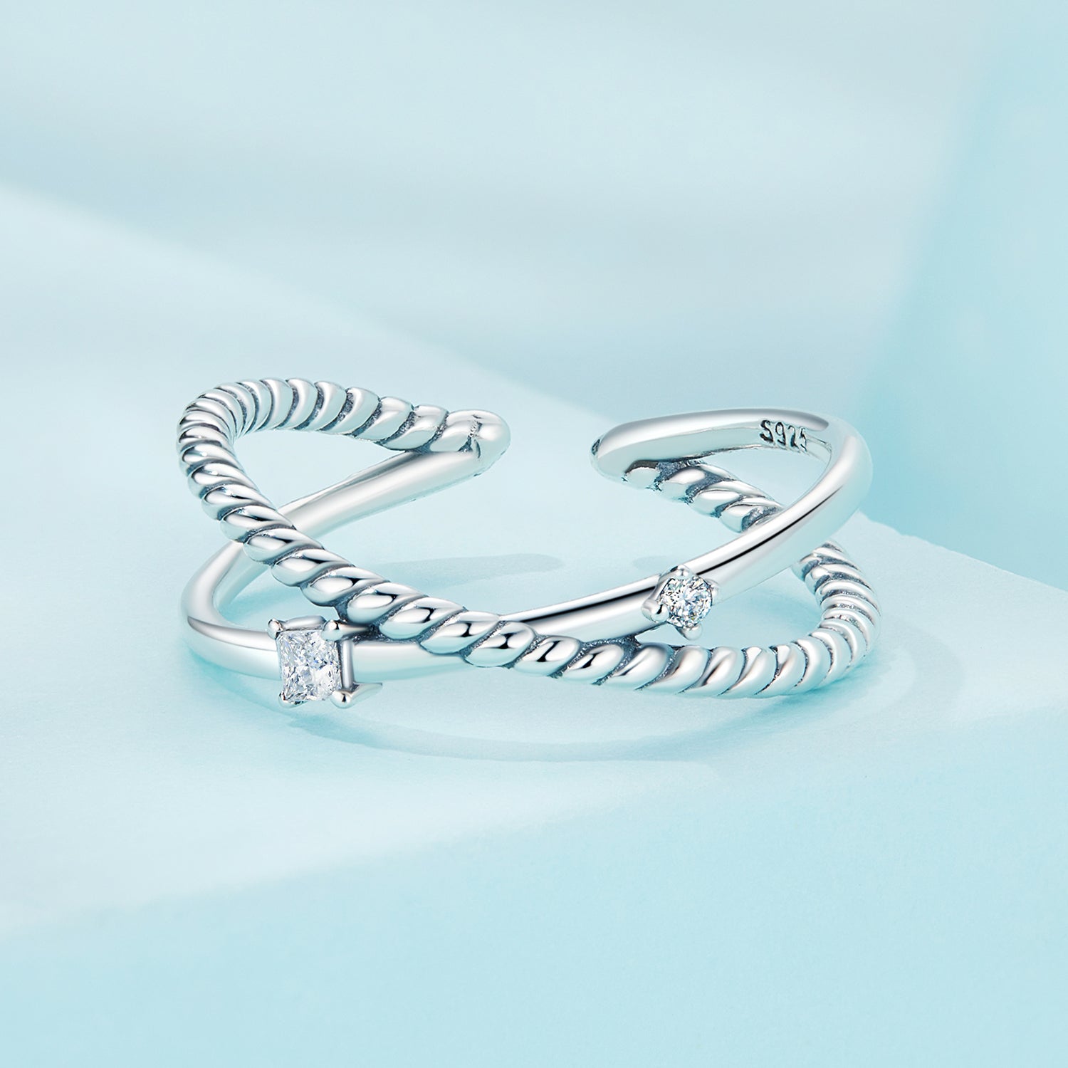 Silver Ring Alternating Lines CZ Open Ring For Sale - sursenso Open Rings