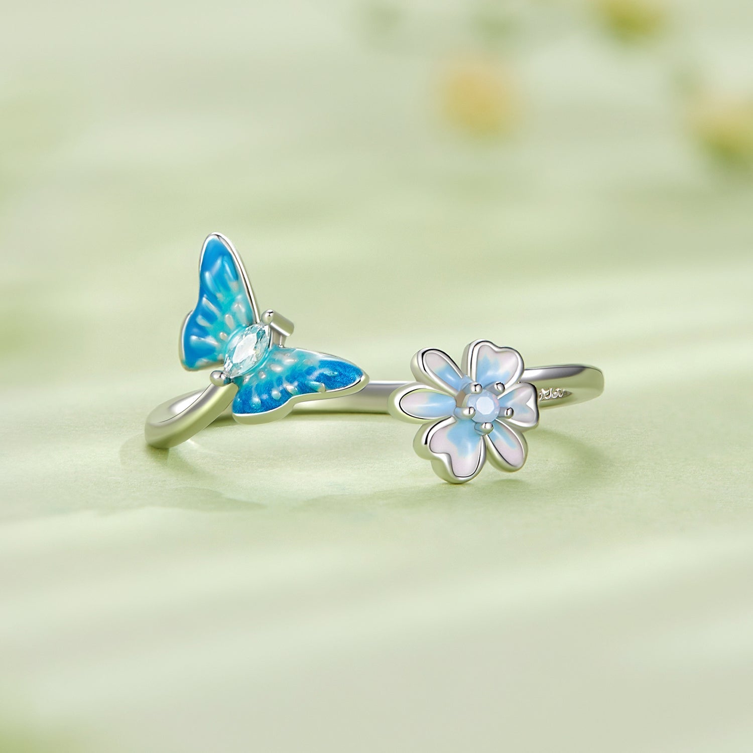 Silver Ring Blue Flowers Butterflies Open Ring For Sale - sursenso Open Rings