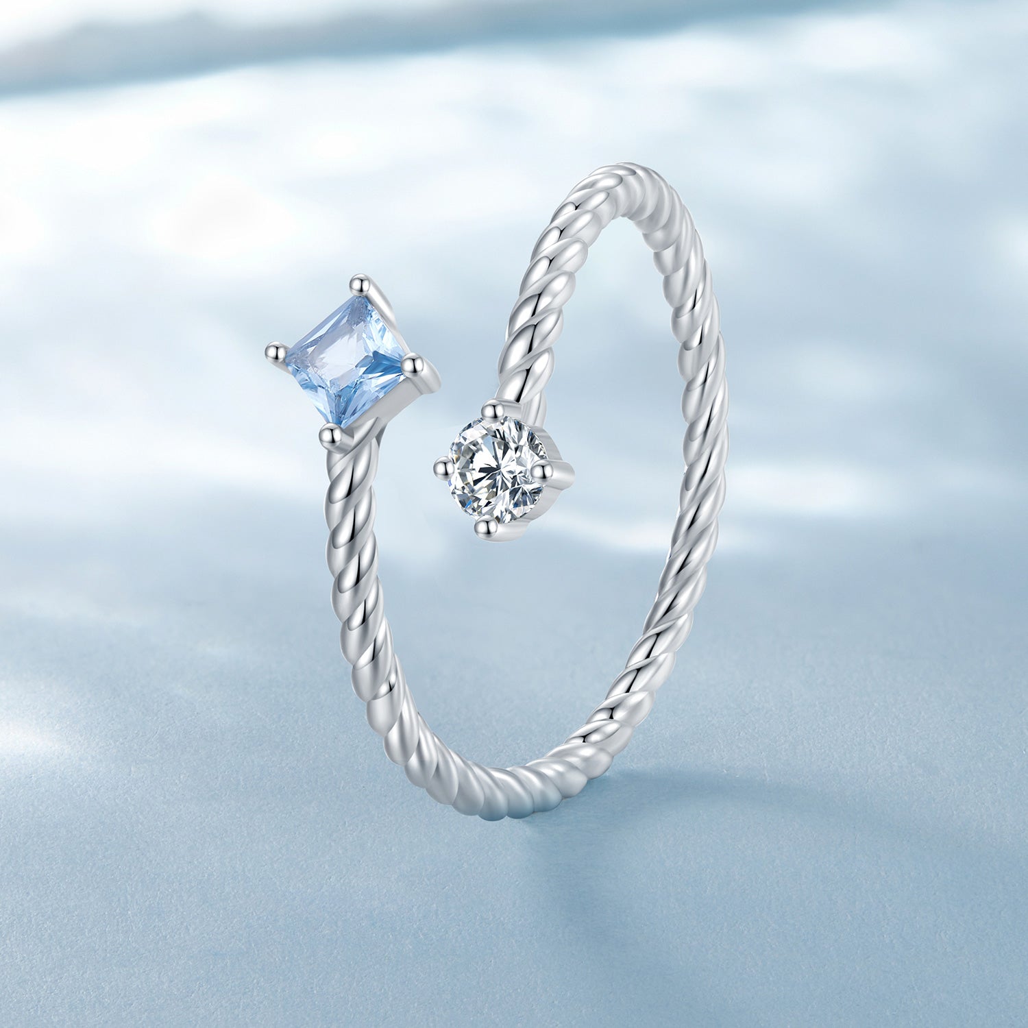 Silver Ring Blue Square Twist CZ Open Ring For Sale - sursenso Open Rings