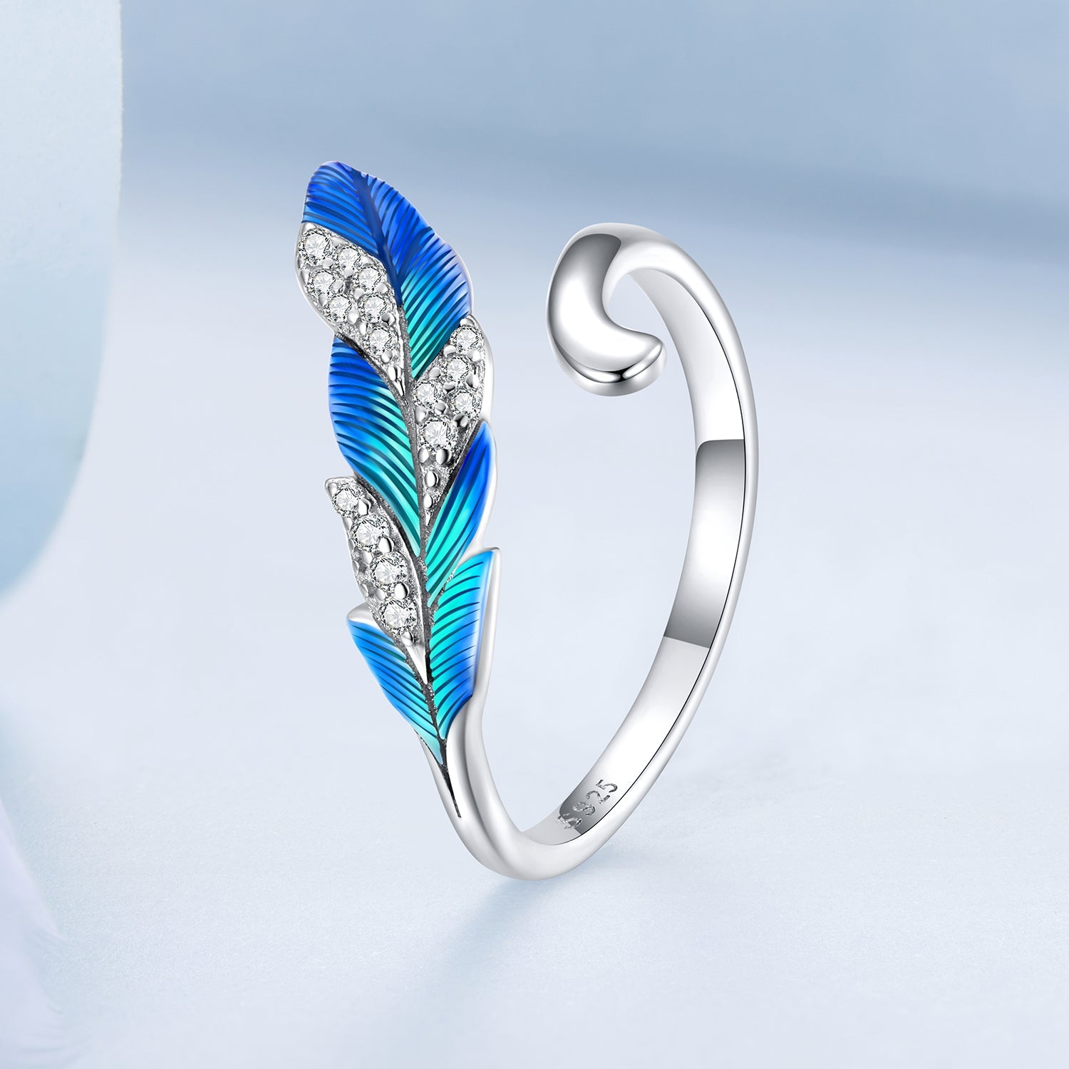 Silver Ring Brilliant Blue Feathers CZ Open Ring For Sale - sursenso Open Rings