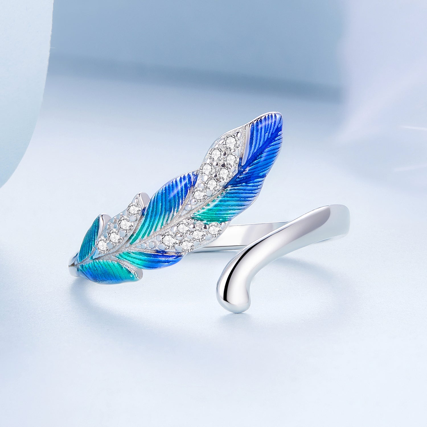Silver Ring Brilliant Blue Feathers CZ Open Ring For Sale - sursenso Open Rings