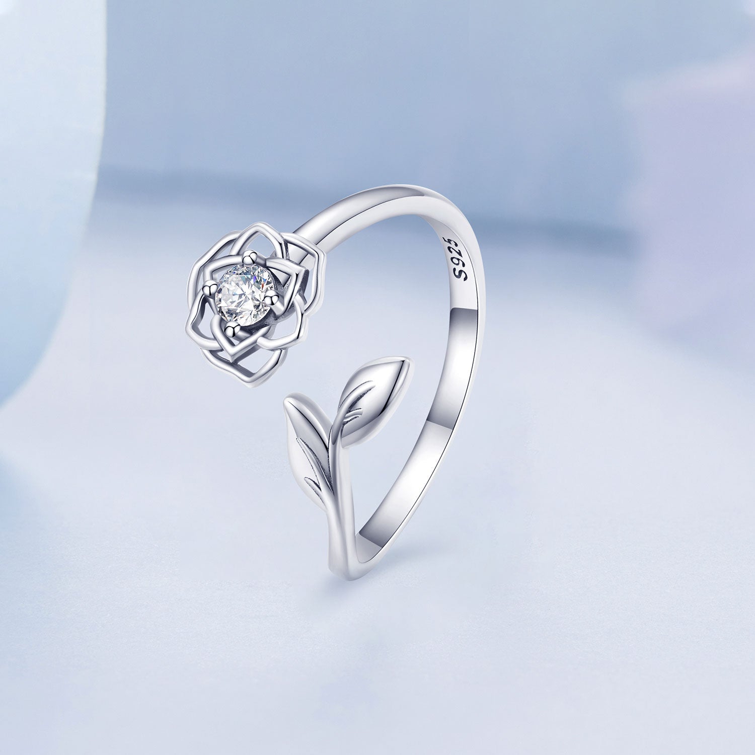 Silver Ring Camellia Flower CZ Open Ring For Sale - sursenso Open Rings