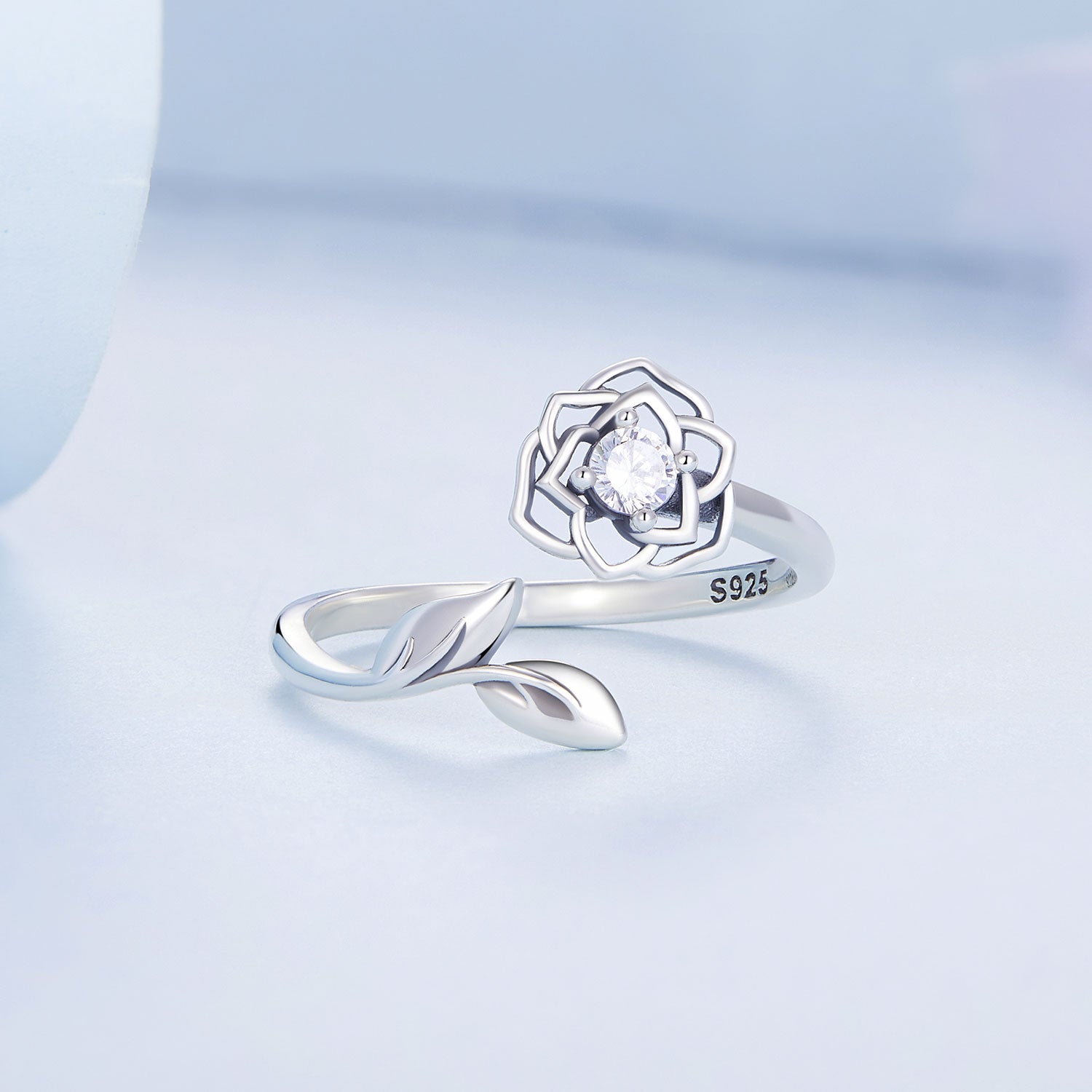 Silver Ring Camellia Flower CZ Open Ring For Sale - sursenso Open Rings