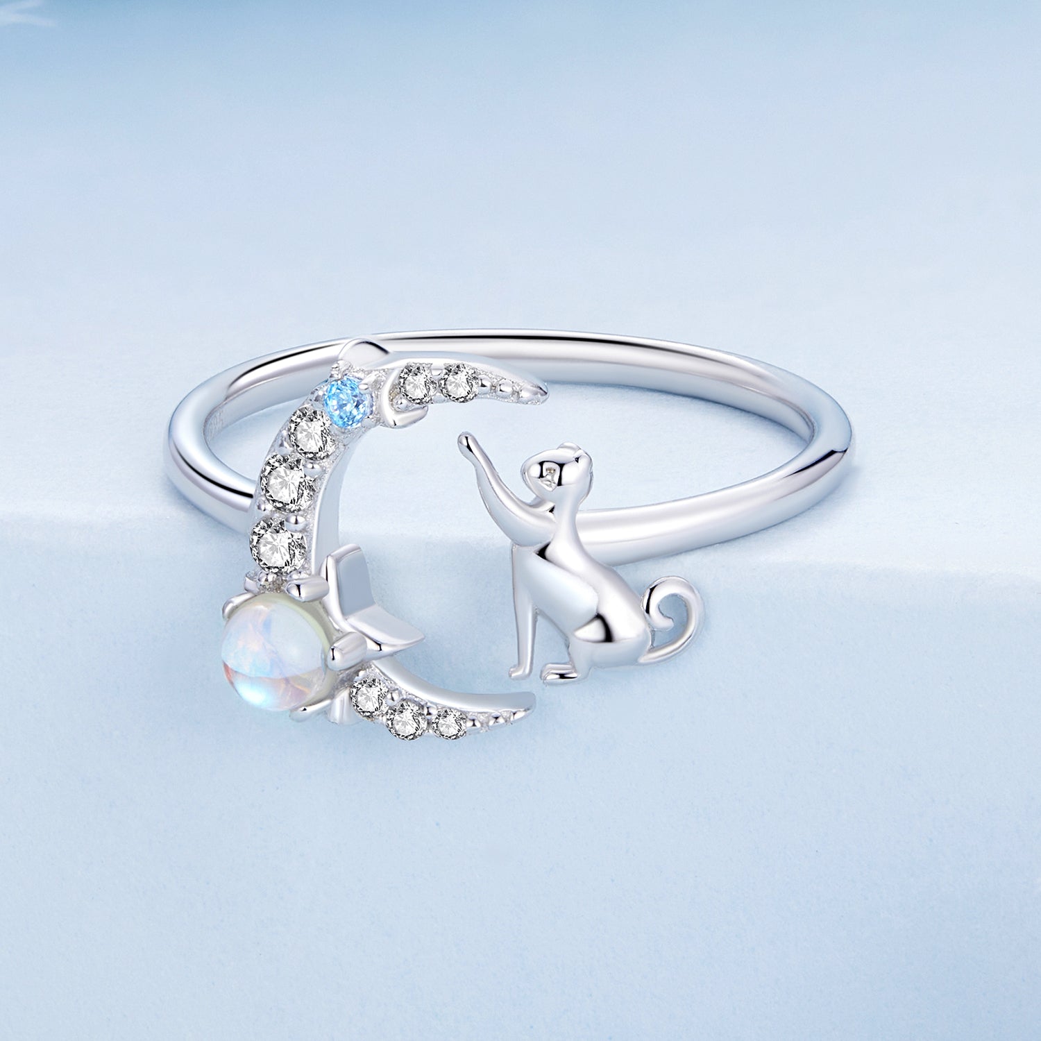Silver Ring Cat Touched Moon CZ Open Ring For Sale - sursenso Open Rings
