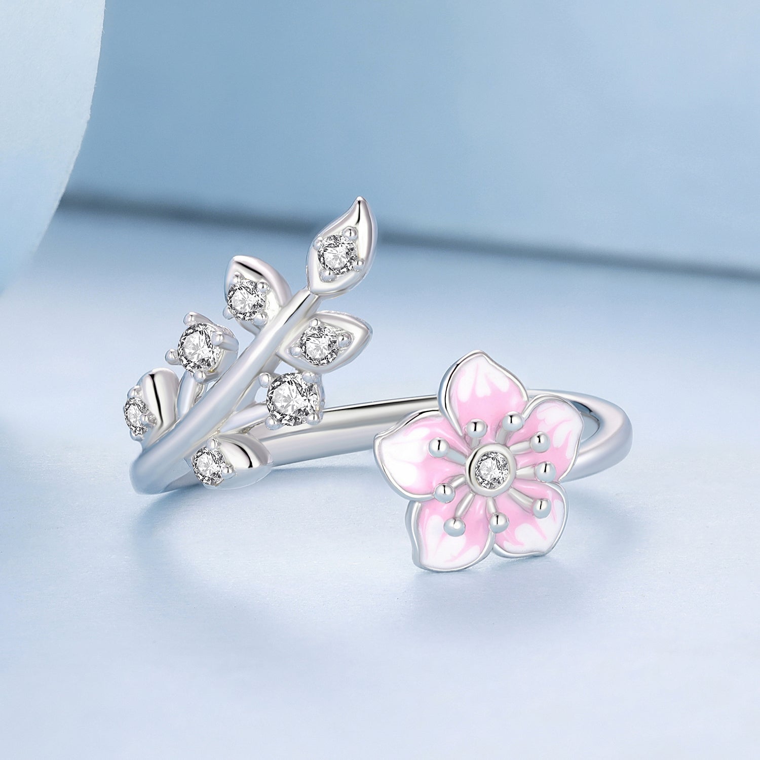 Silver Ring Cherry Blossom CZ Open Ring For Sale - sursenso Open Rings