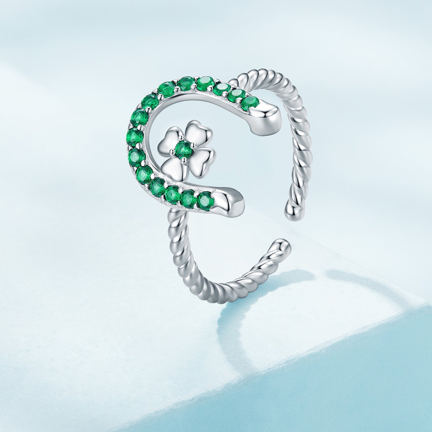 Silver Ring Clover Horseshoe CZ Open Ring For Sale - sursenso Open Rings