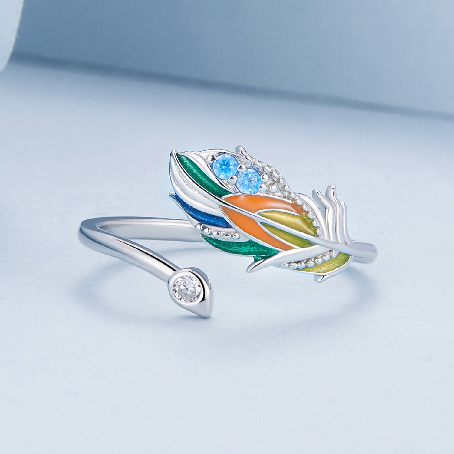 Silver Ring Colorful Feather CZ Open Ring For Sale - sursenso Open Rings