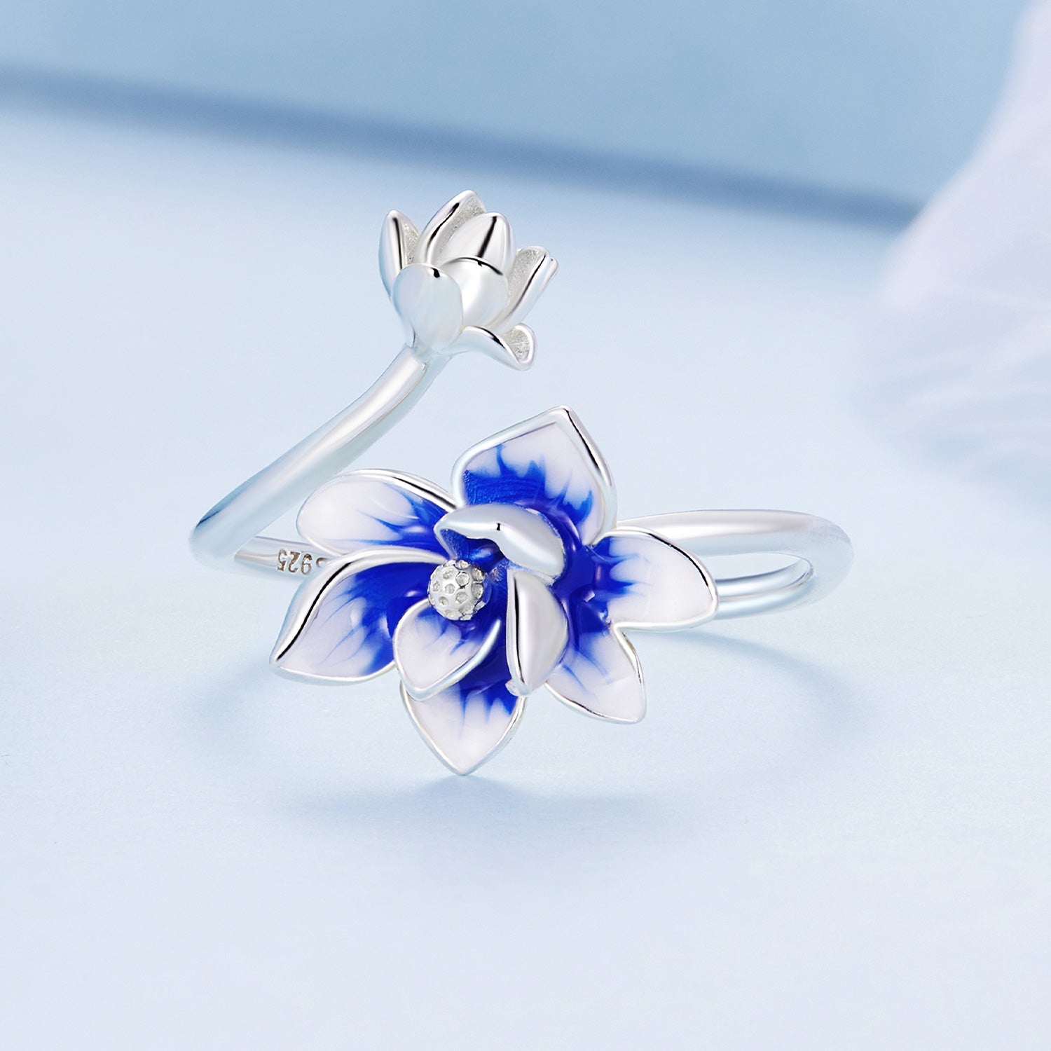 Silver Ring Deep Blue Lotus Open Ring For Sale - sursenso Open Rings