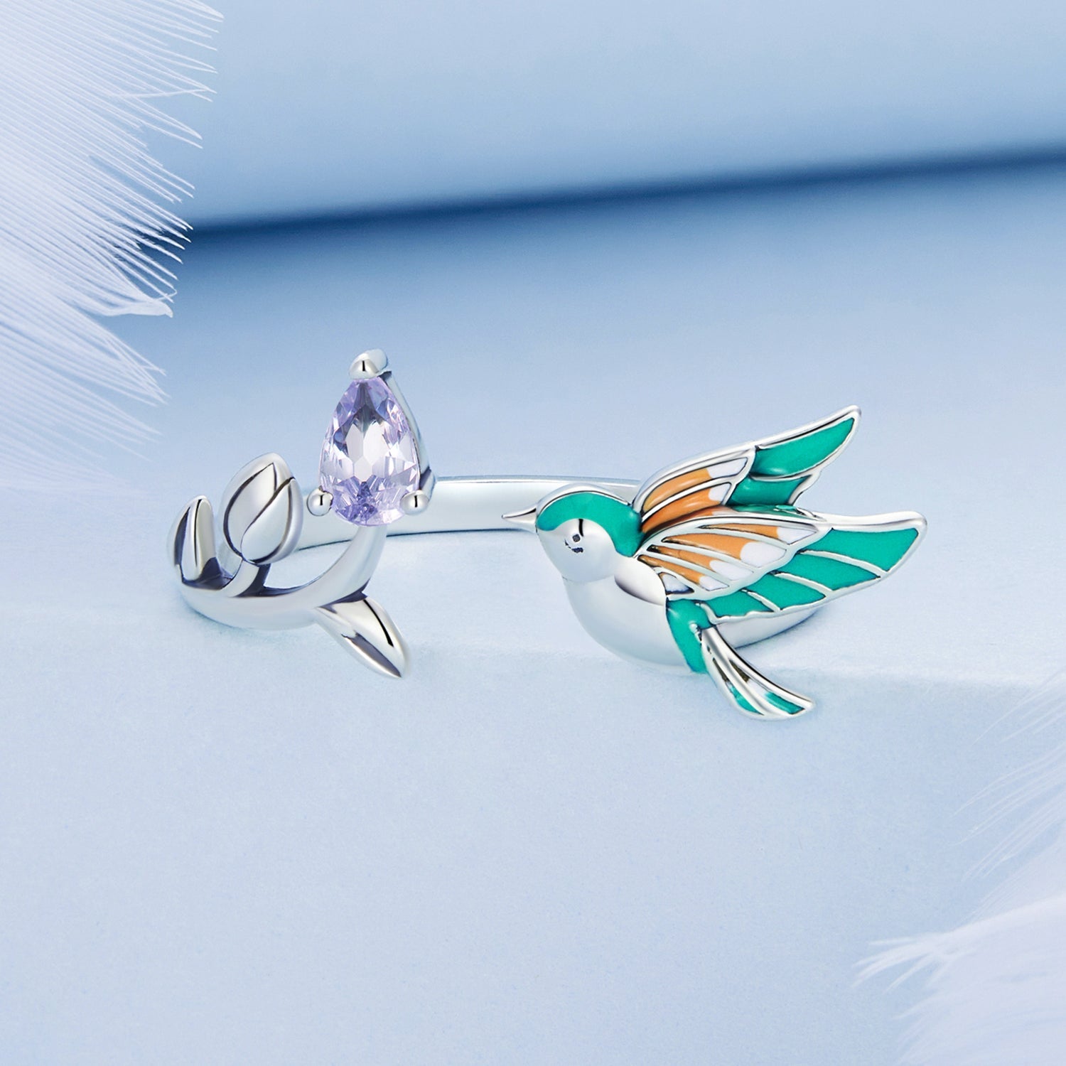 Silver Ring Green Kingfisher Purple CZ Open Ring For Sale - sursenso Open Rings