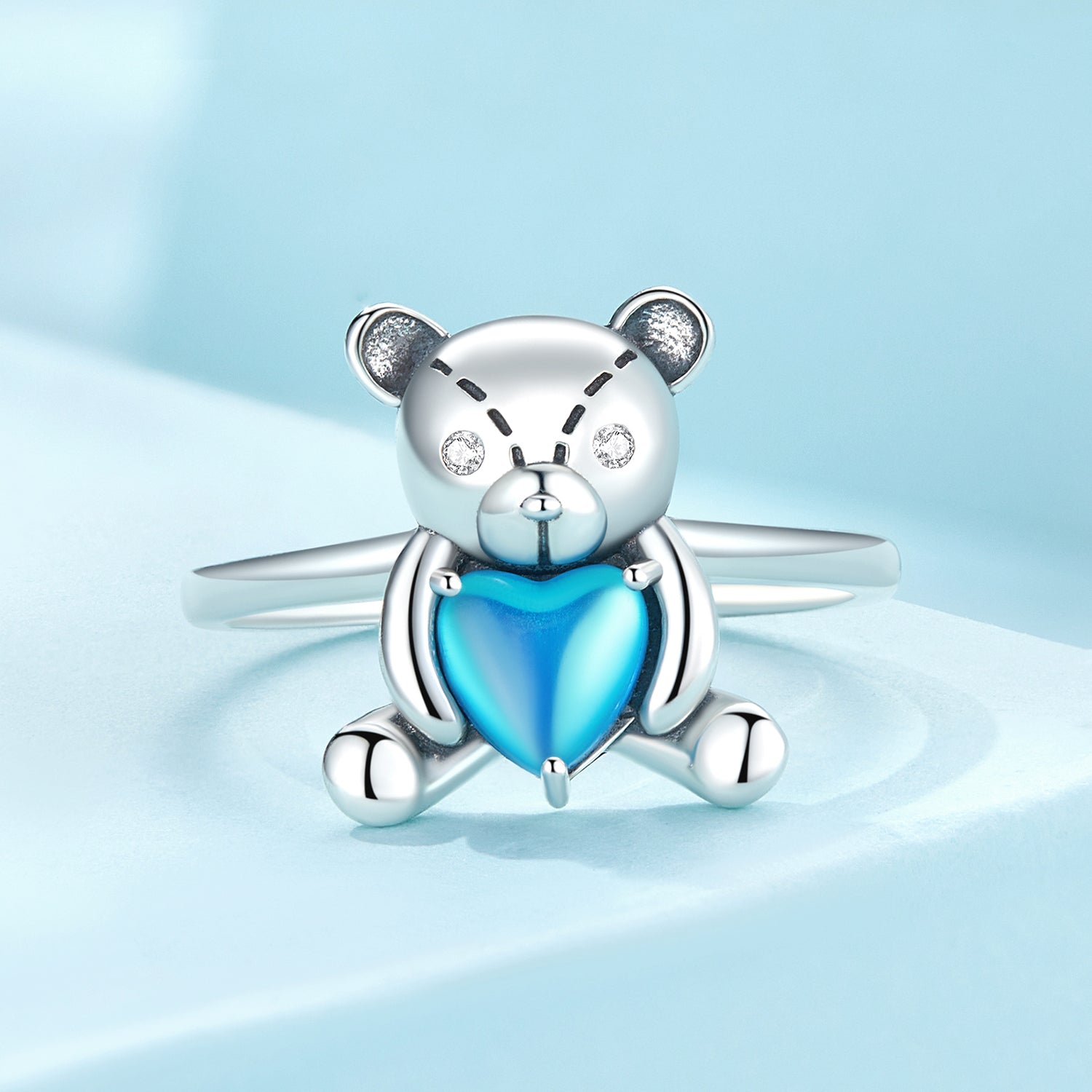 Silver Ring Hugging Bear Blue Heart CZ Open Ring For Sale - sursenso Open Rings
