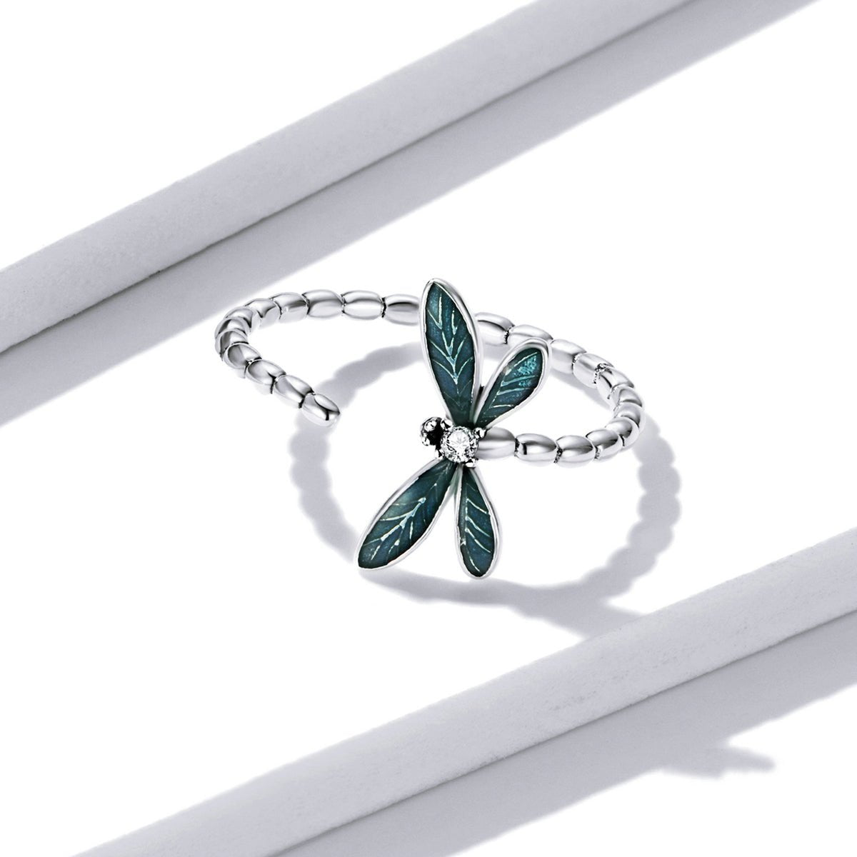 Silver Ring Magnificent Green Dragonfly CZ Open Ring For Sale - sursenso Open Rings