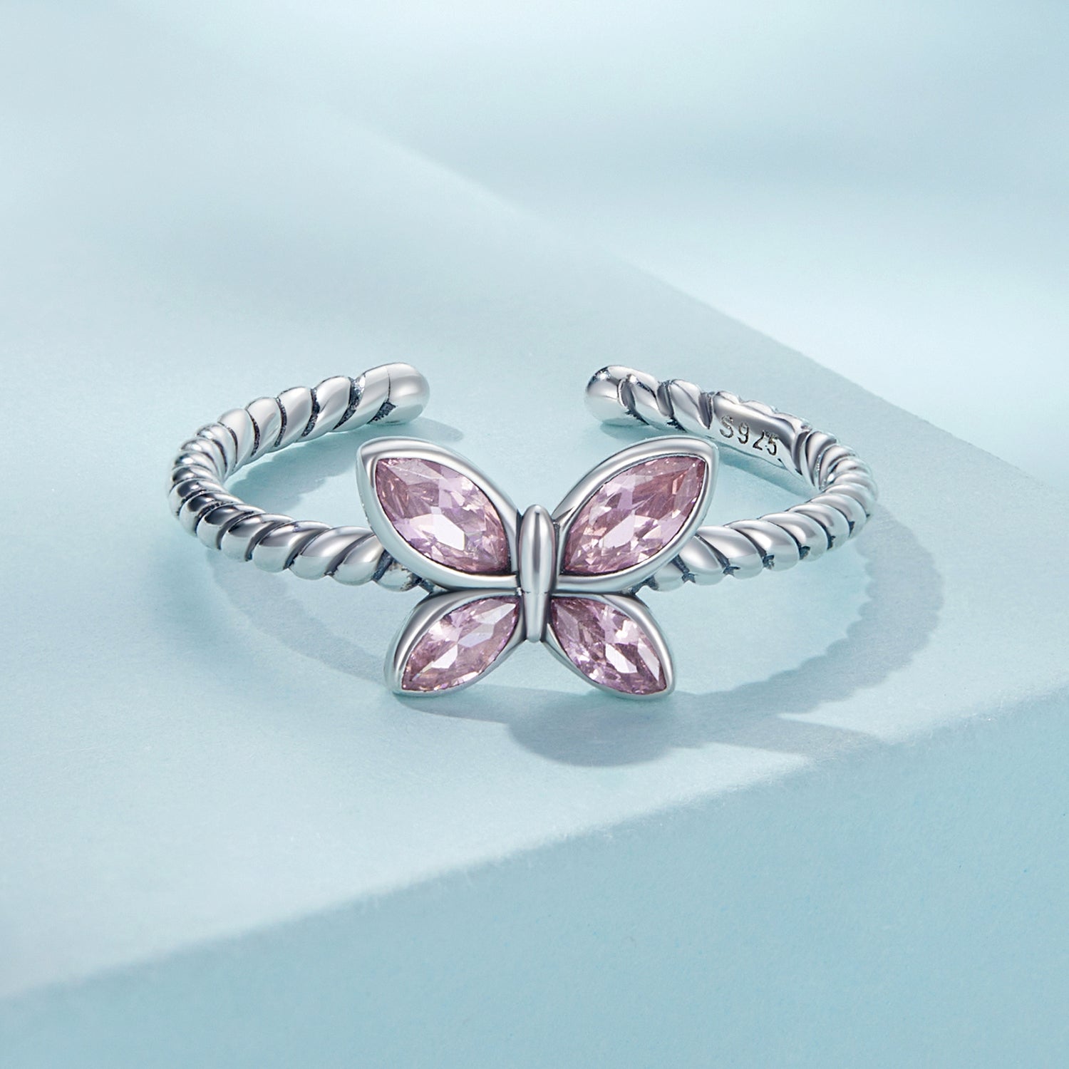 Silver Ring Pink Butterfly Twist CZ Open Ring For Sale - sursenso Open Rings