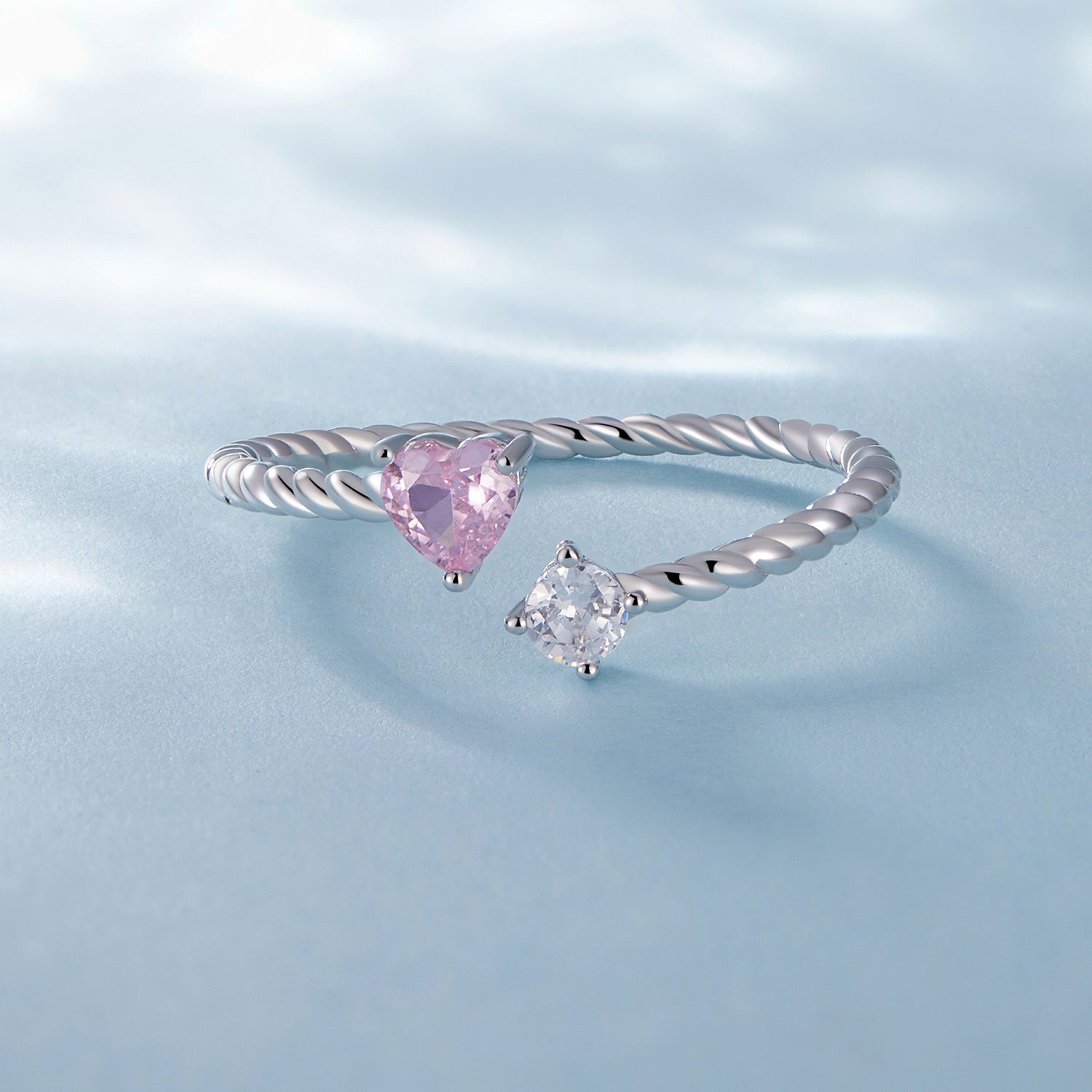 Silver Ring Pink Heart Twist CZ Open Ring For Sale - sursenso Open Rings