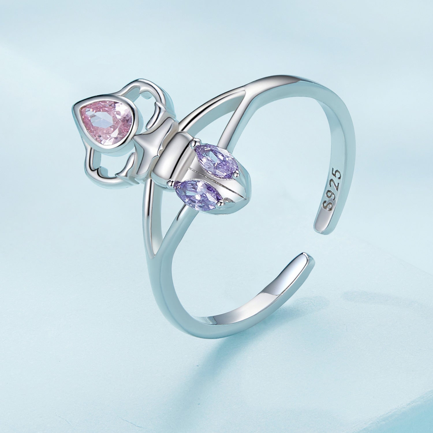 Silver Ring Pink Rhinoceros Beetle CZ Open Ring For Sale - sursenso Open Rings