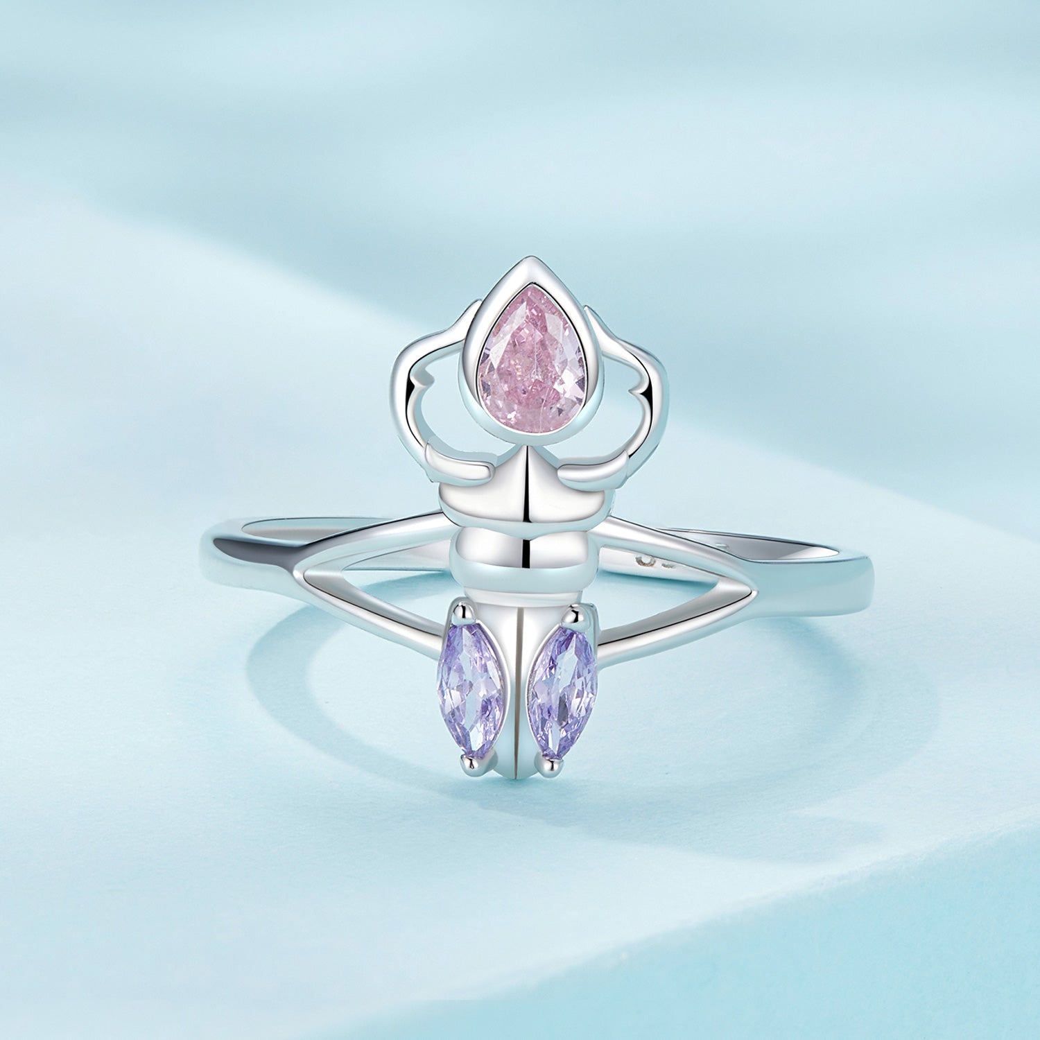 Silver Ring Pink Rhinoceros Beetle CZ Open Ring For Sale - sursenso Open Rings
