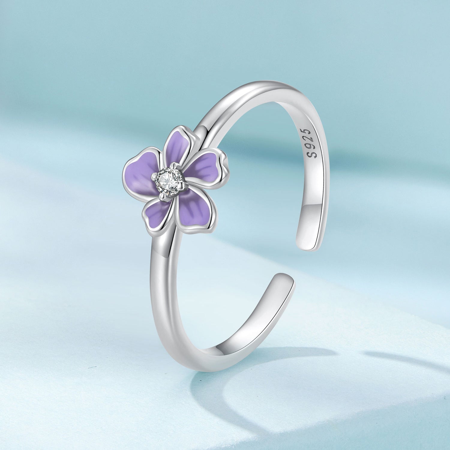 Silver Ring Purple Flower CZ Open Ring For Sale - sursenso Open Rings