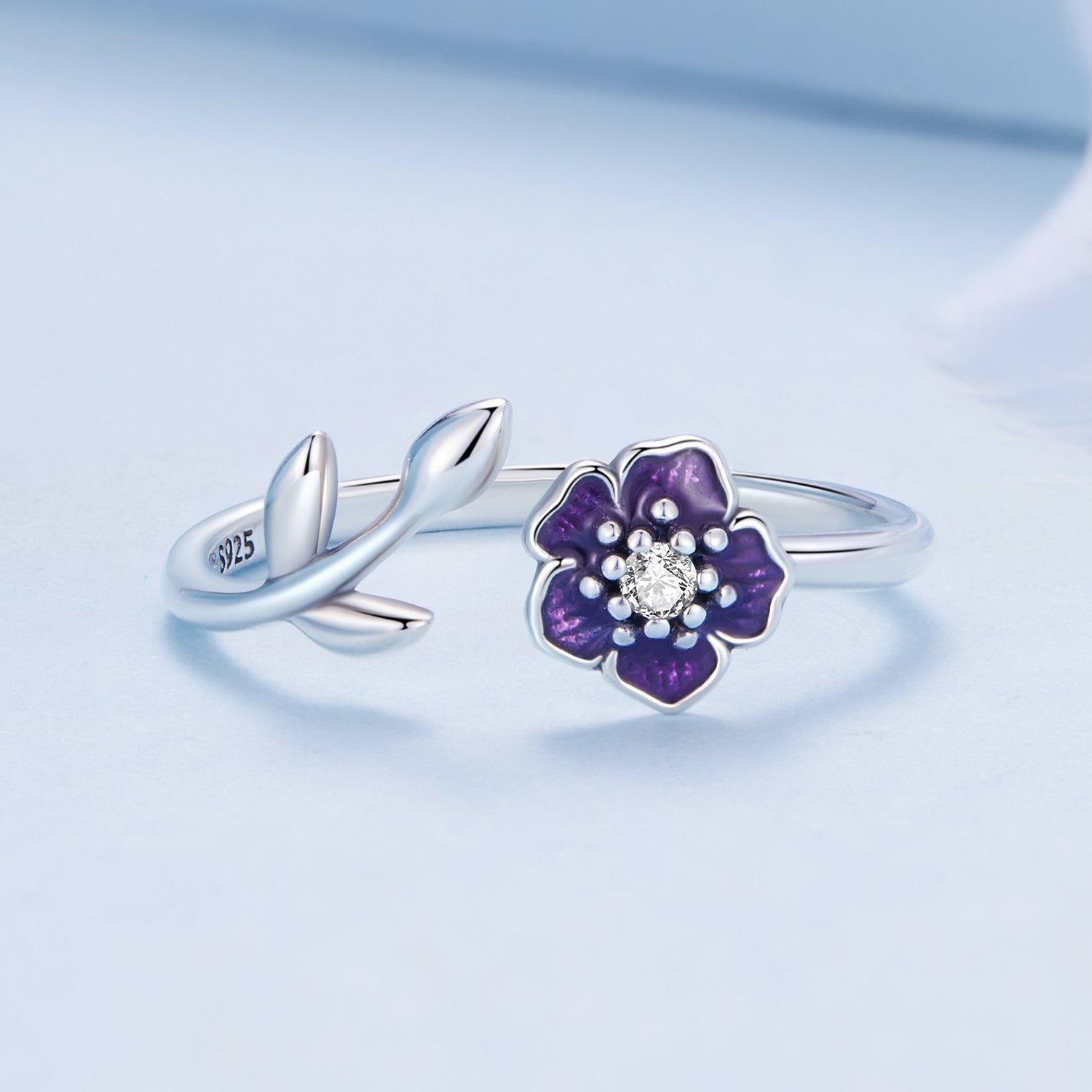 Silver Ring Purple Flower CZ Open Ring For Sale - sursenso Open Rings