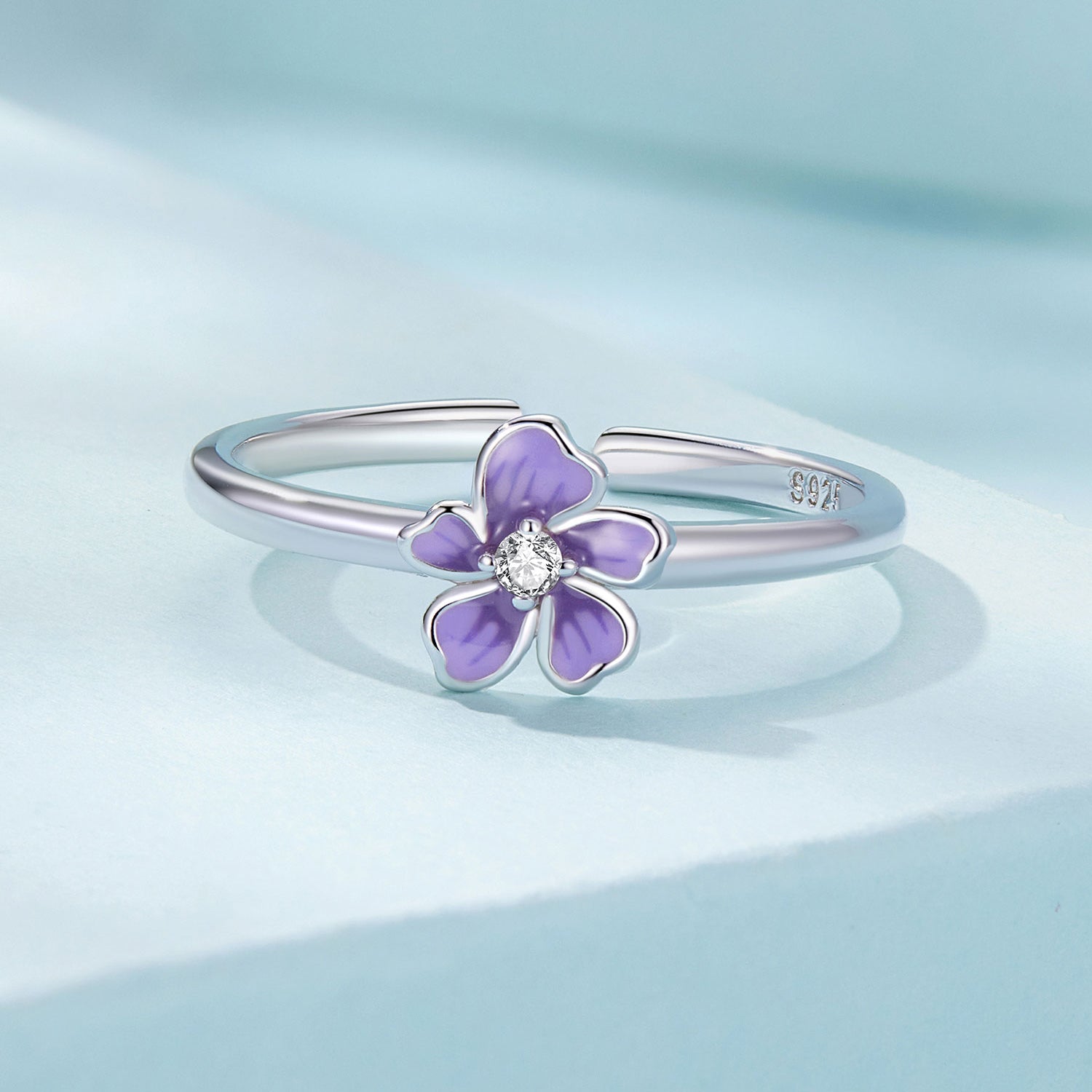 Silver Ring Purple Flower CZ Open Ring For Sale - sursenso Open Rings