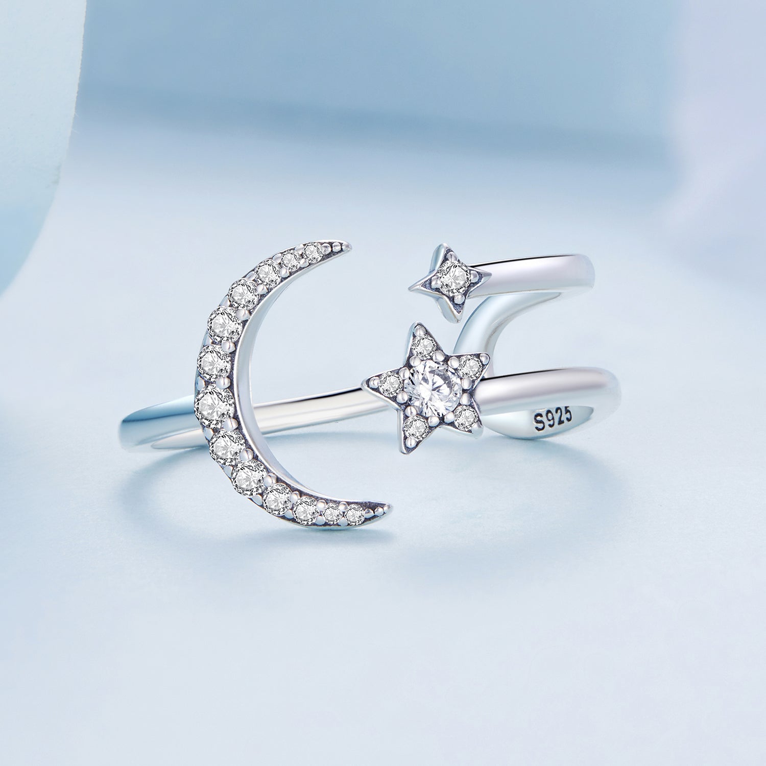 Silver Ring Shining Stars And Moons CZ Open Ring For Sale - sursenso Open Rings