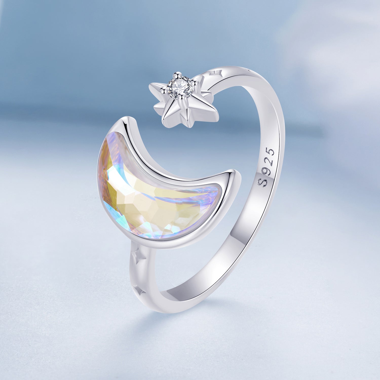 Silver Ring Splendid Moon Star CZ Open Ring For Sale - sursenso Open Rings