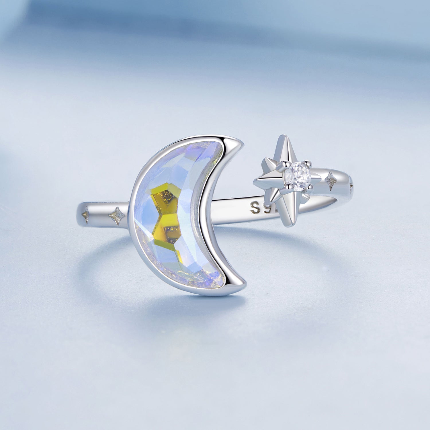 Silver Ring Splendid Moon Star CZ Open Ring For Sale - sursenso Open Rings