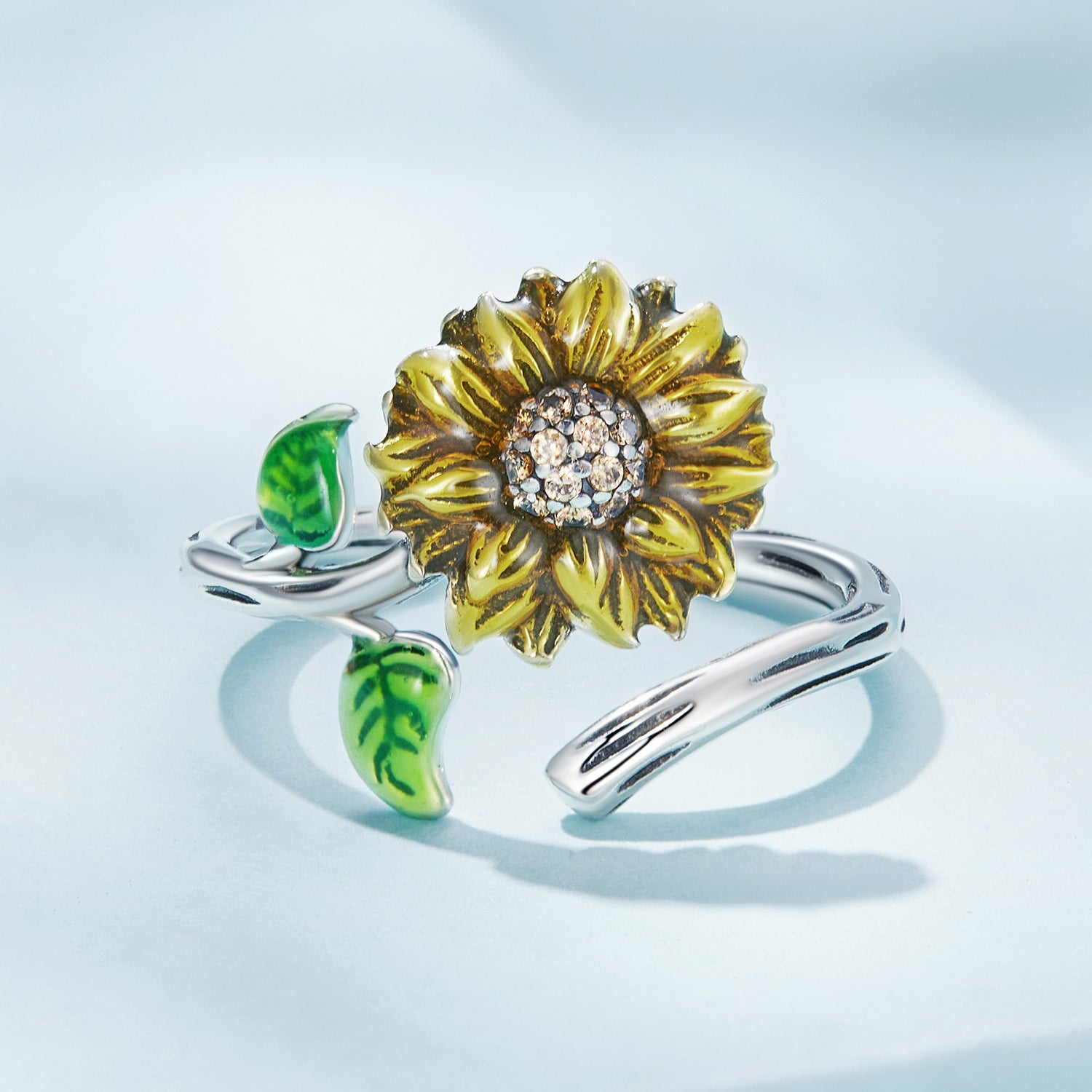 Silver Ring Sunflower CZ Open Ring For Sale - sursenso Open Rings